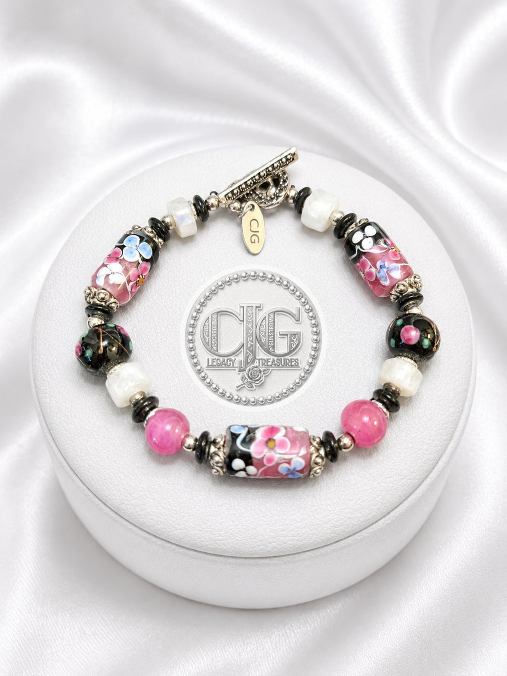 Pink & Black Floral Lampwork Bracelet