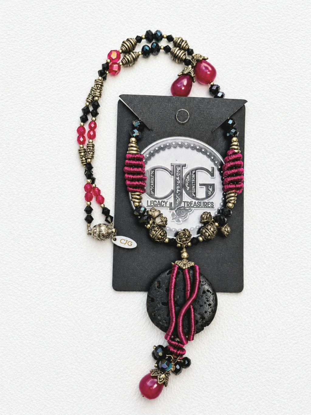 Rose Lava Rock Wire Wrapped Pendant Necklace