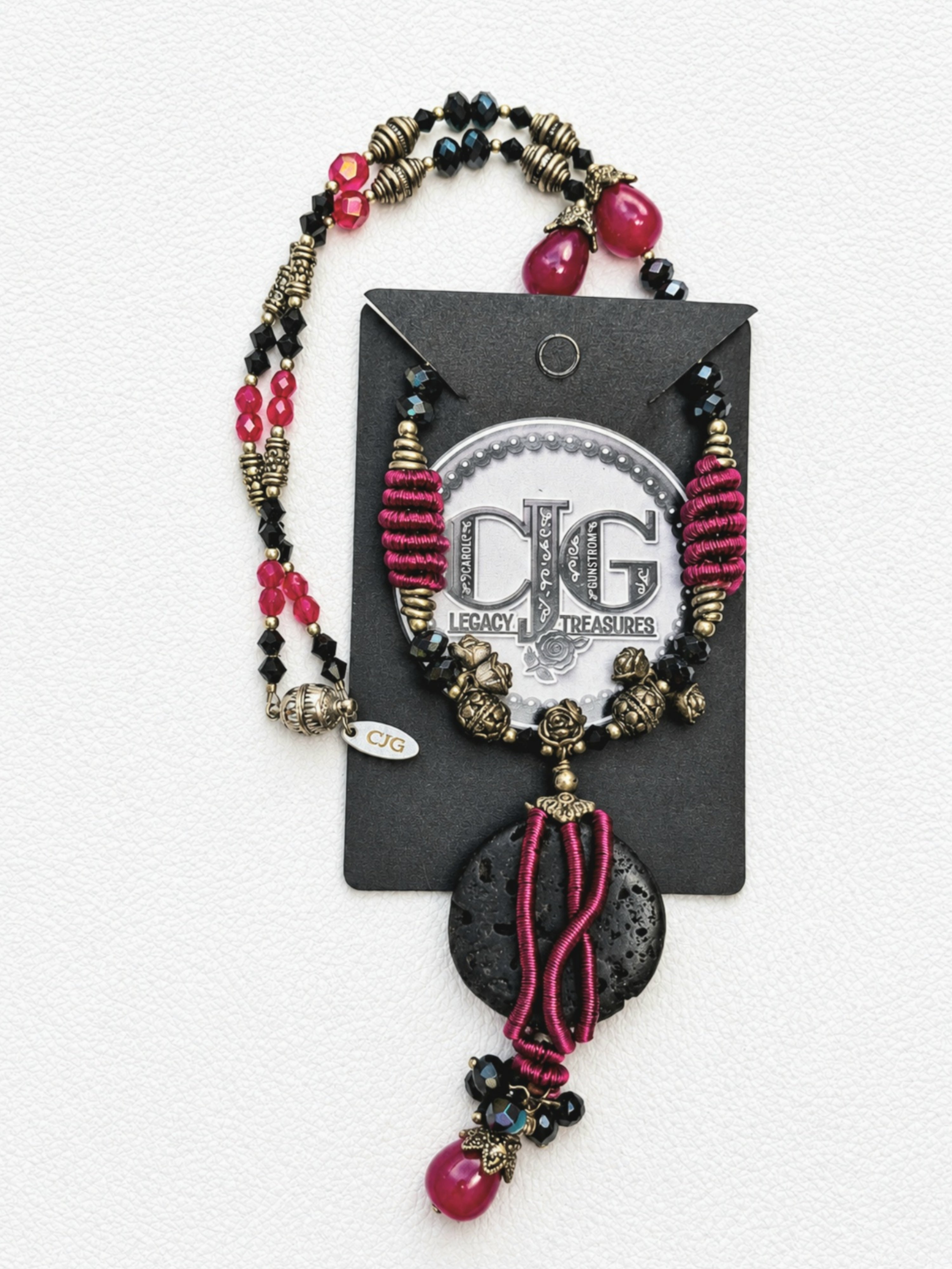 Rose Lava Rock Wire Wrapped Pendant Necklace