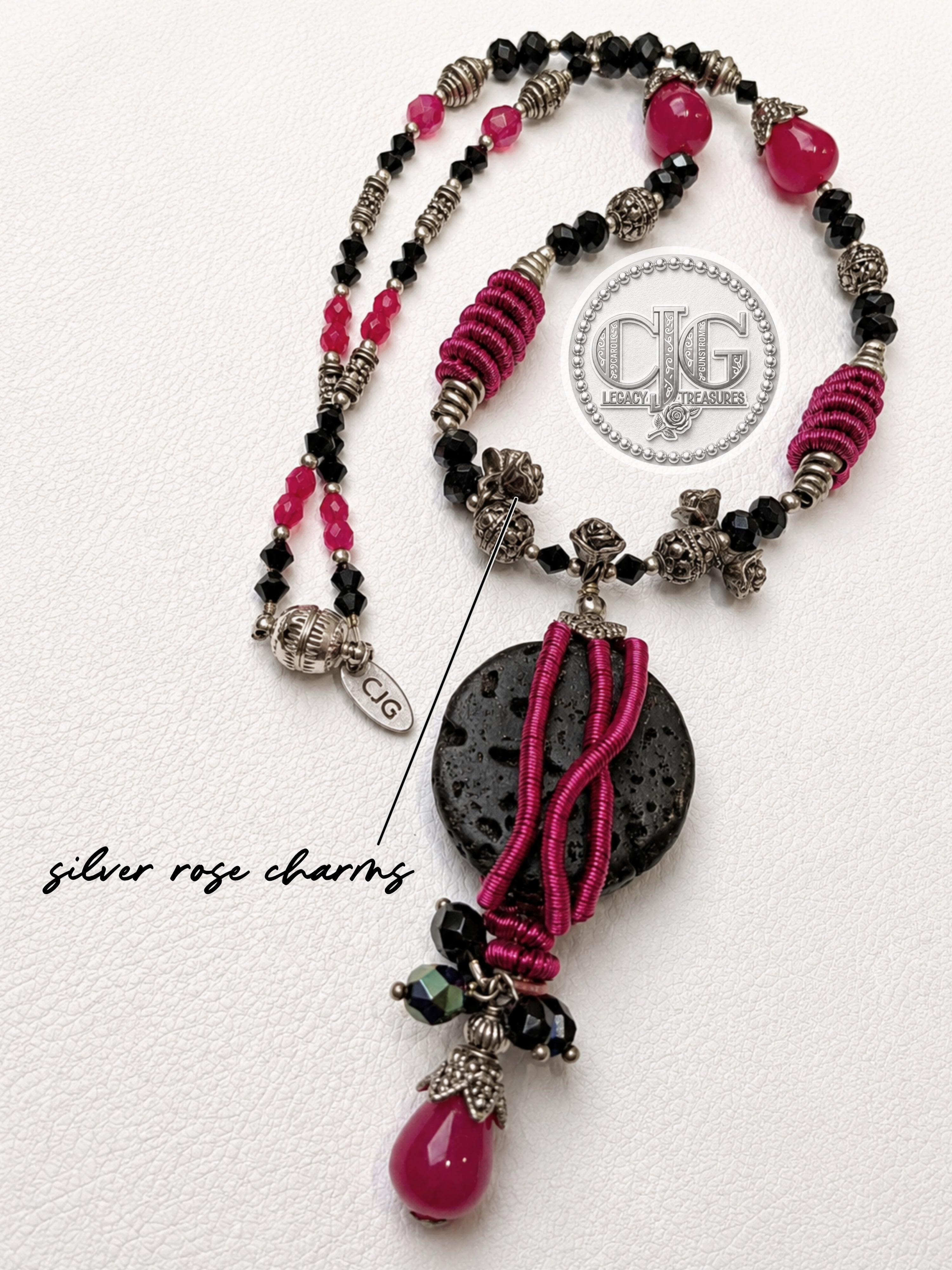 Rose Lava Rock Wire Wrapped Pendant Necklace