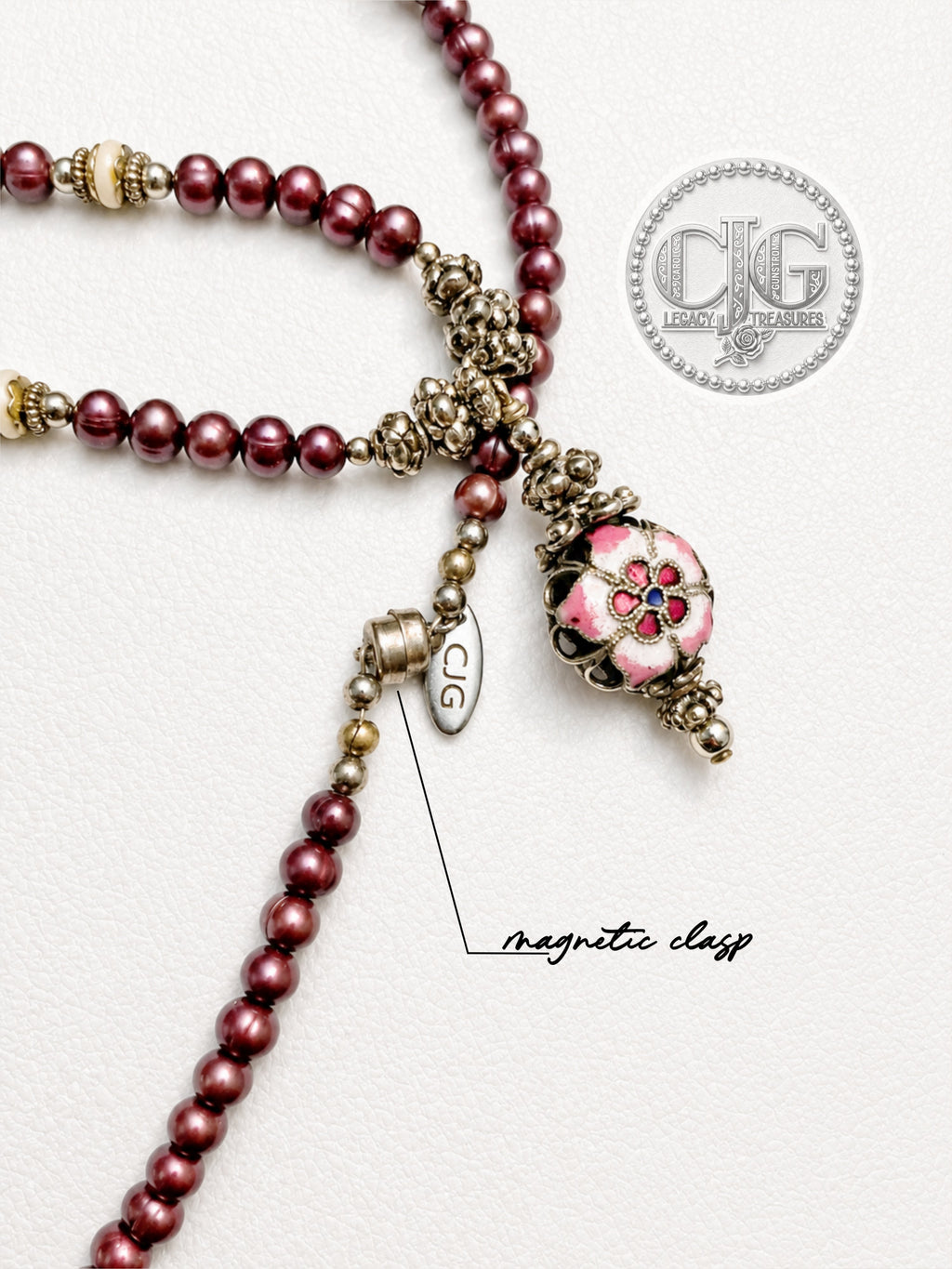 Burgundy Pearl & Filigree Pendant Necklace
