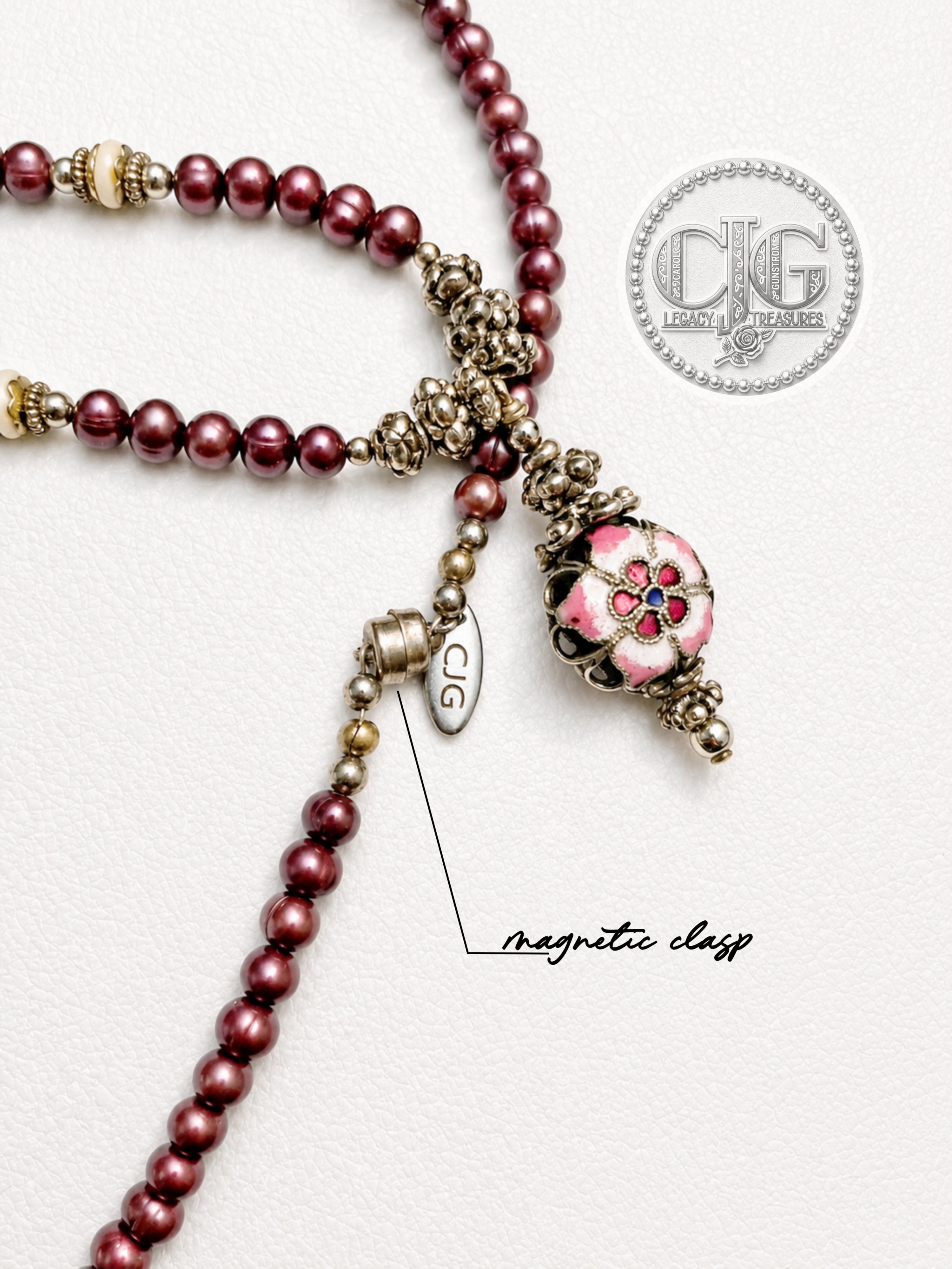 Burgundy Pearl & Filigree Pendant Necklace