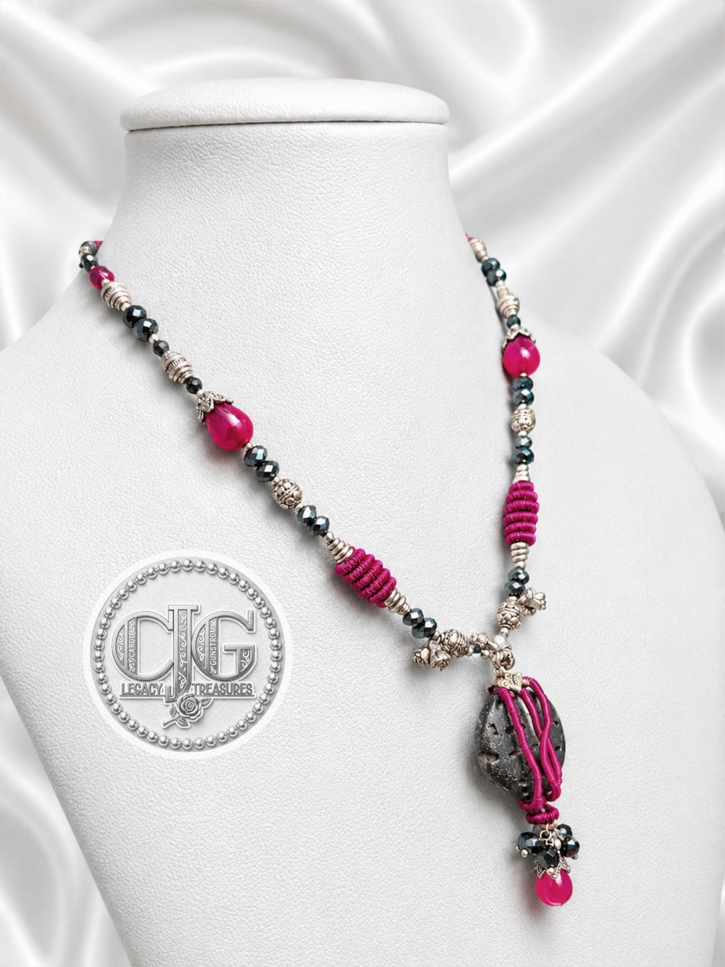 Rose Lava Rock Wire Wrapped Pendant Necklace