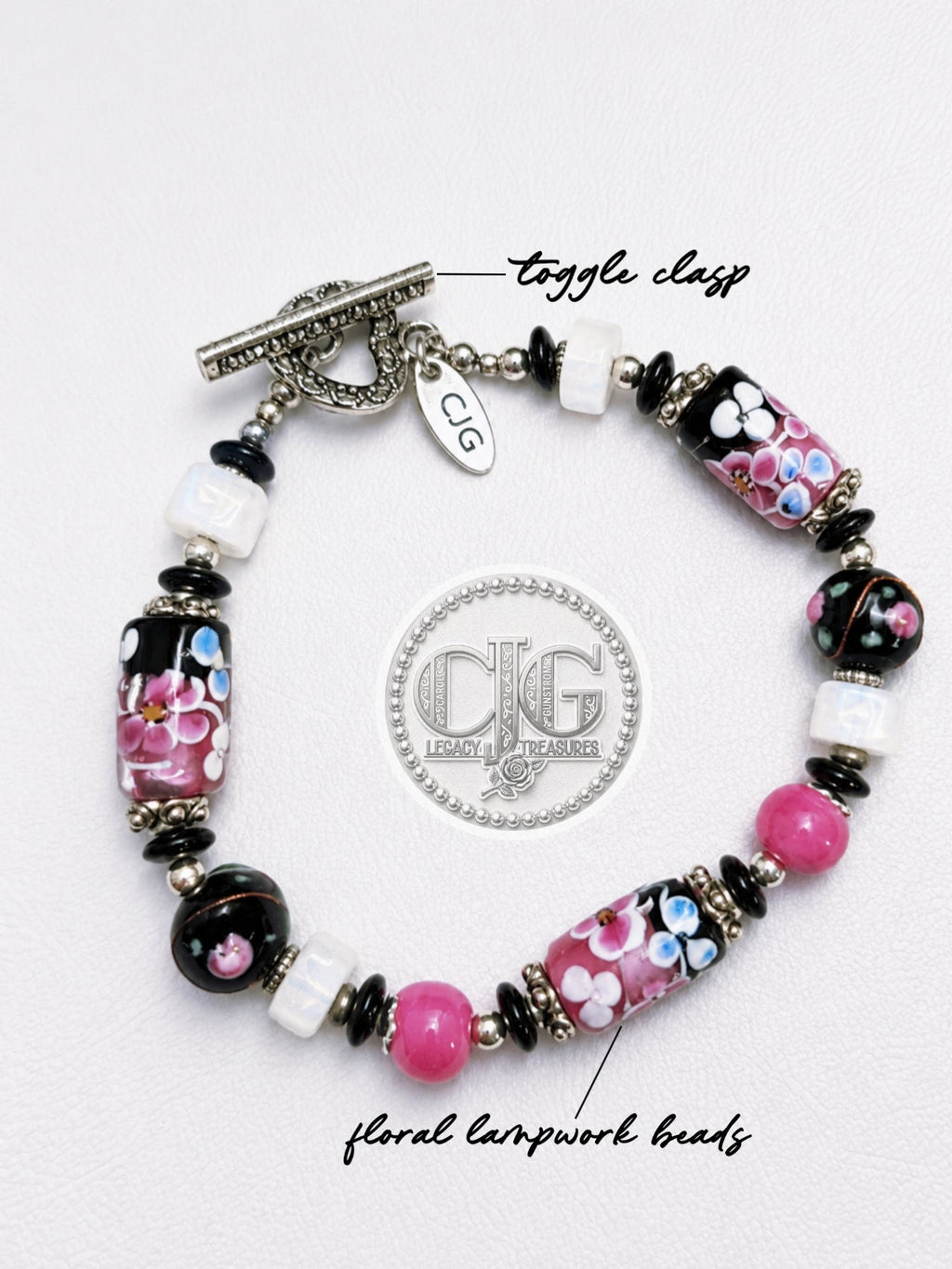 Pink & Black Floral Lampwork Bracelet