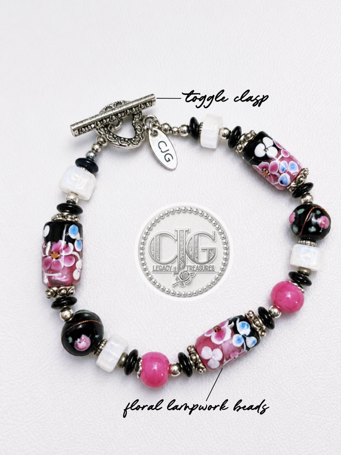 Pink & Black Floral Lampwork Bracelet