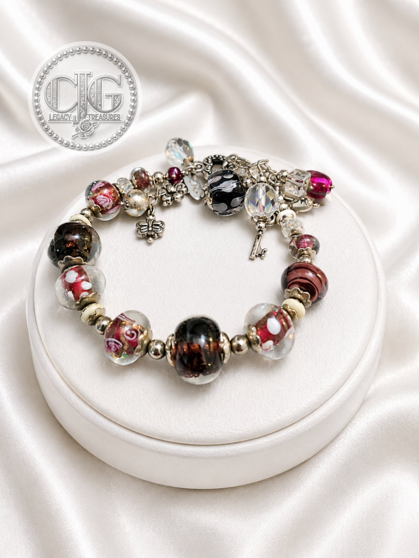 Crimson & Noir Glass Lampwork Charm Bracelet