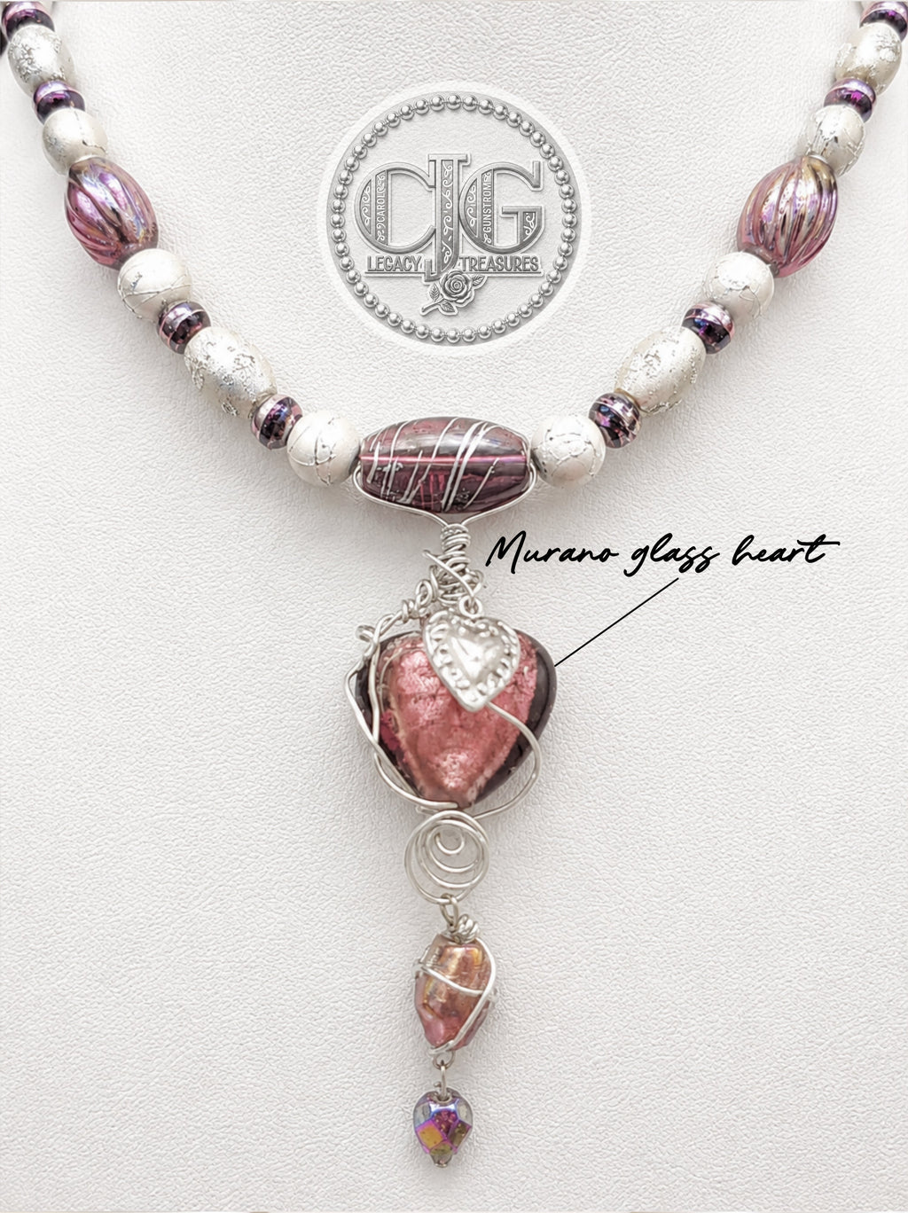 Plum Murano Glass Heart Necklace