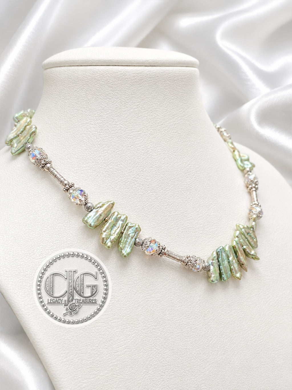 Sage Green Biwa Pearl & Silver Statement Necklace