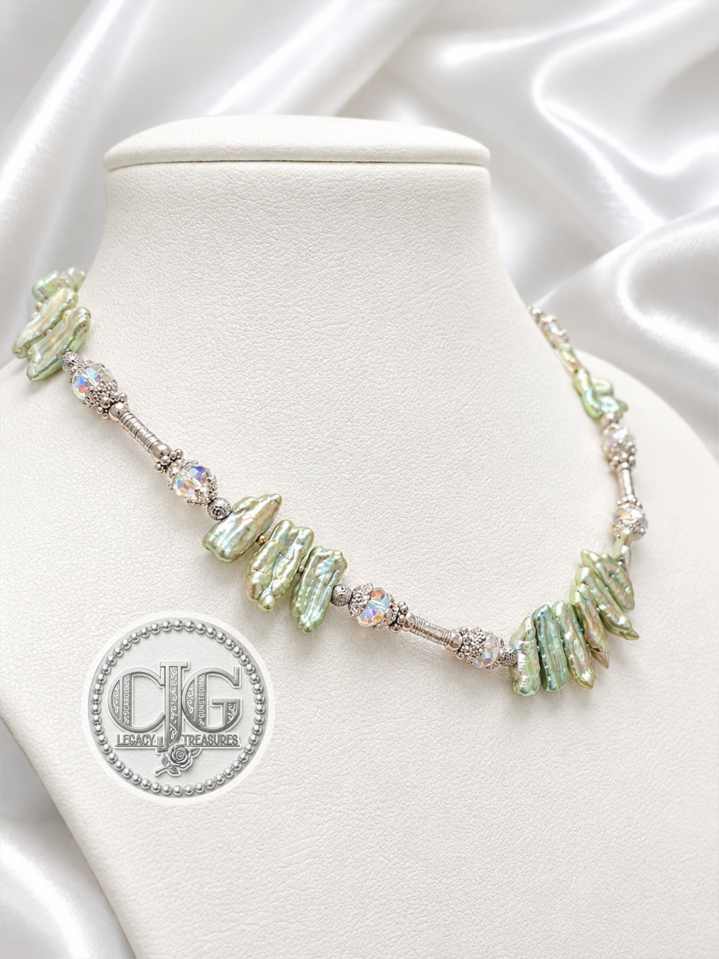 Sage Green Biwa Pearl & Silver Statement Necklace