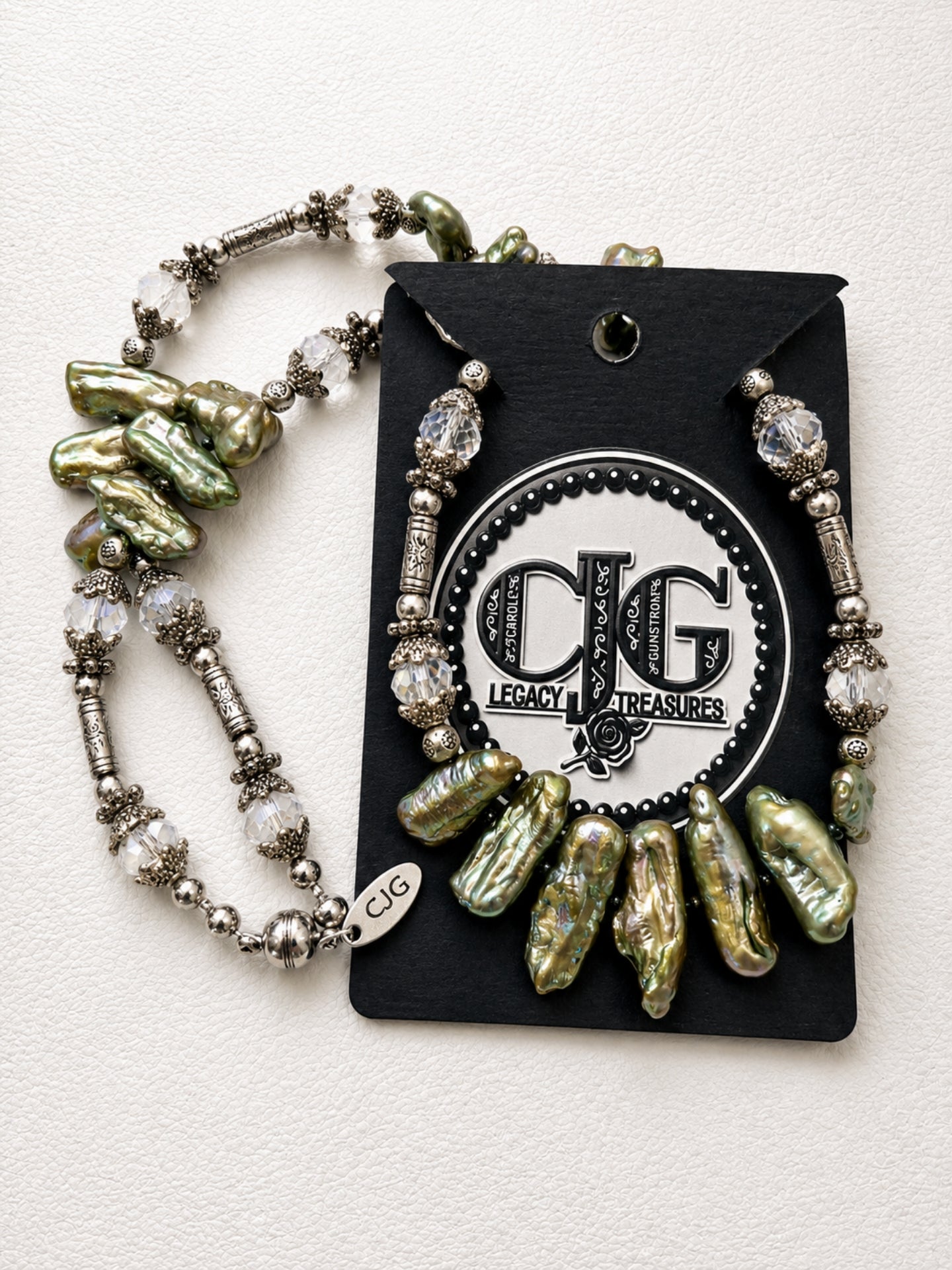Sage Green Biwa Pearl & Silver Statement Necklace