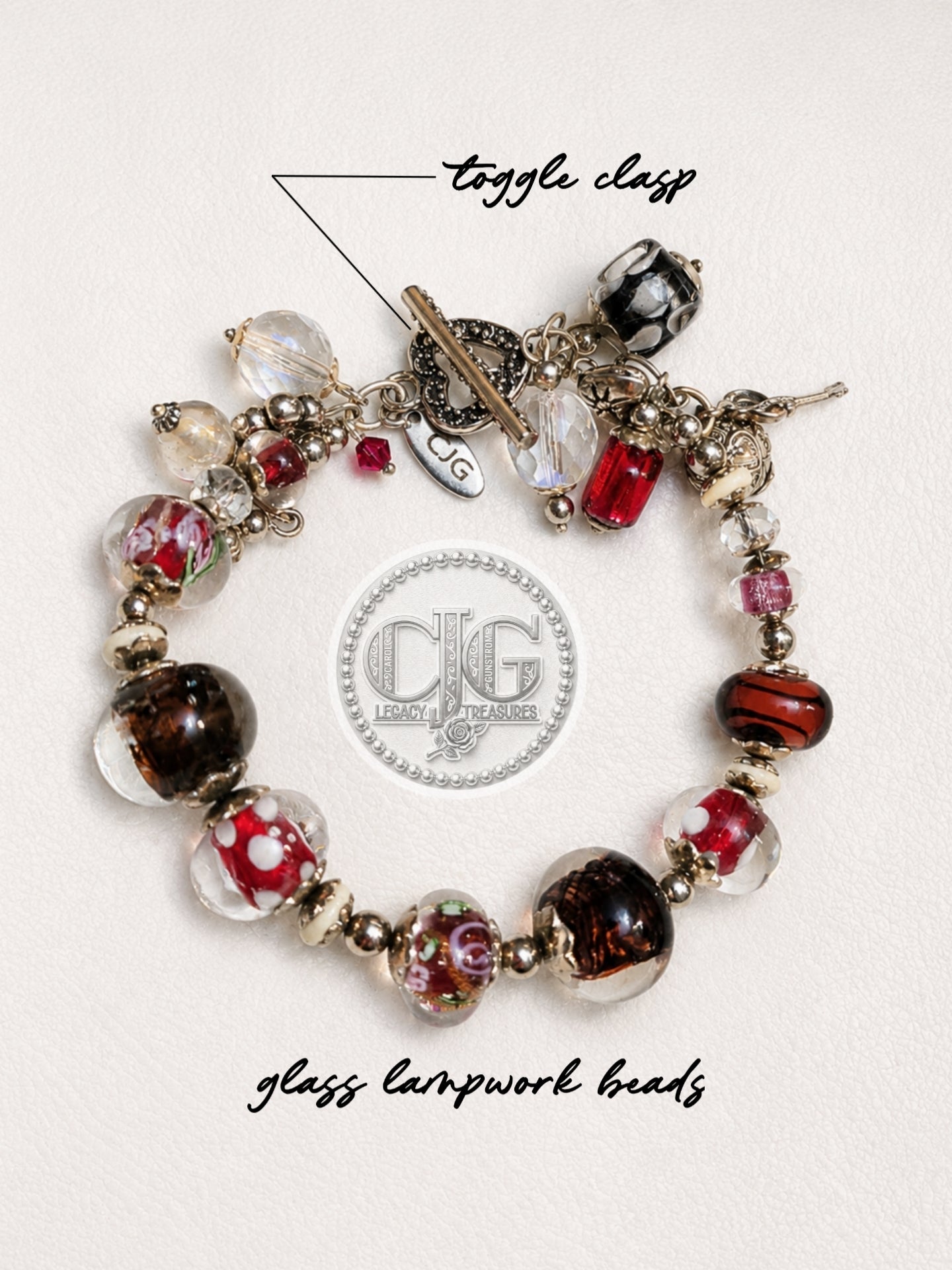 Crimson & Noir Glass Lampwork Charm Bracelet