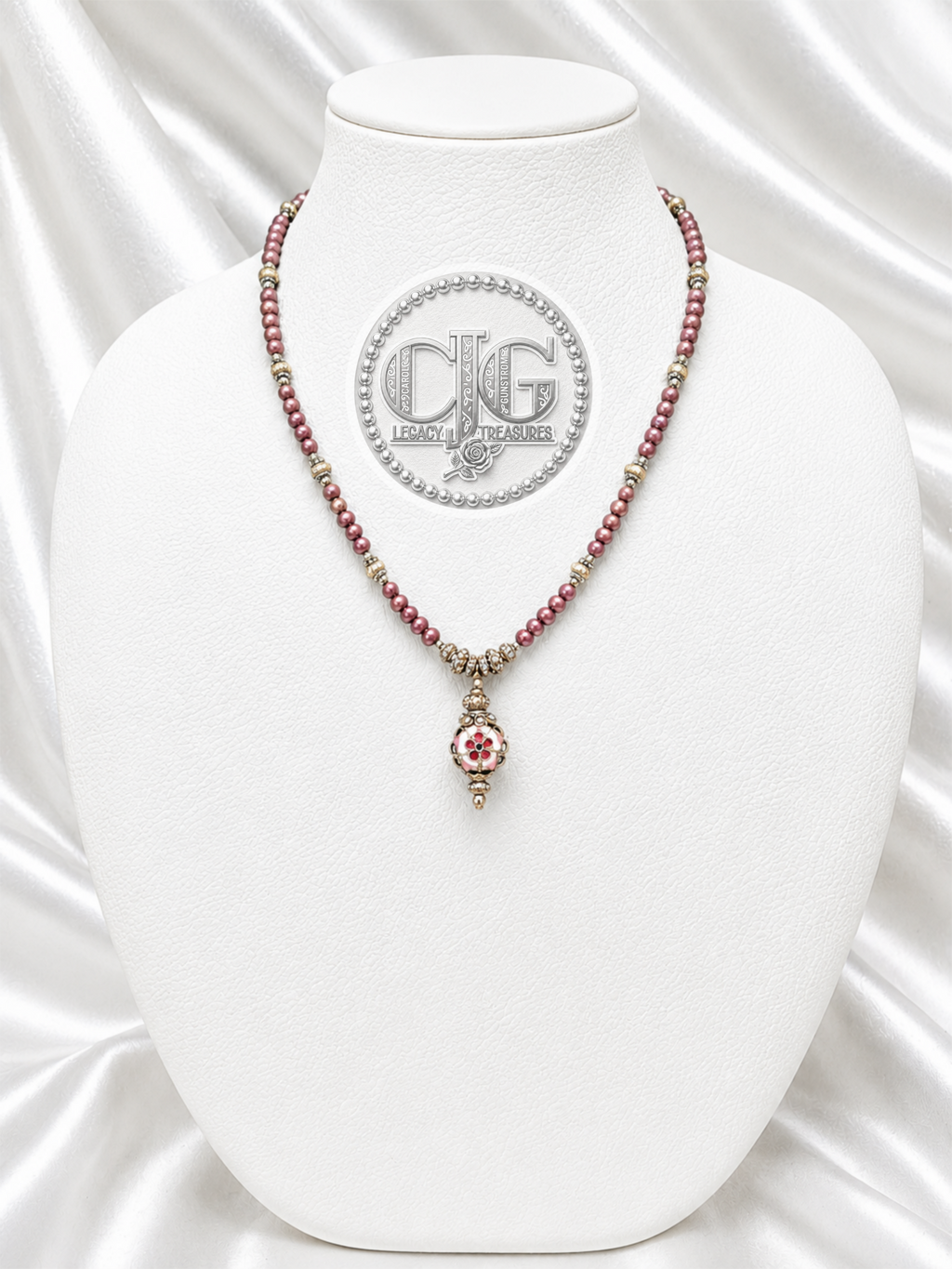 Burgundy Pearl & Filigree Pendant Necklace