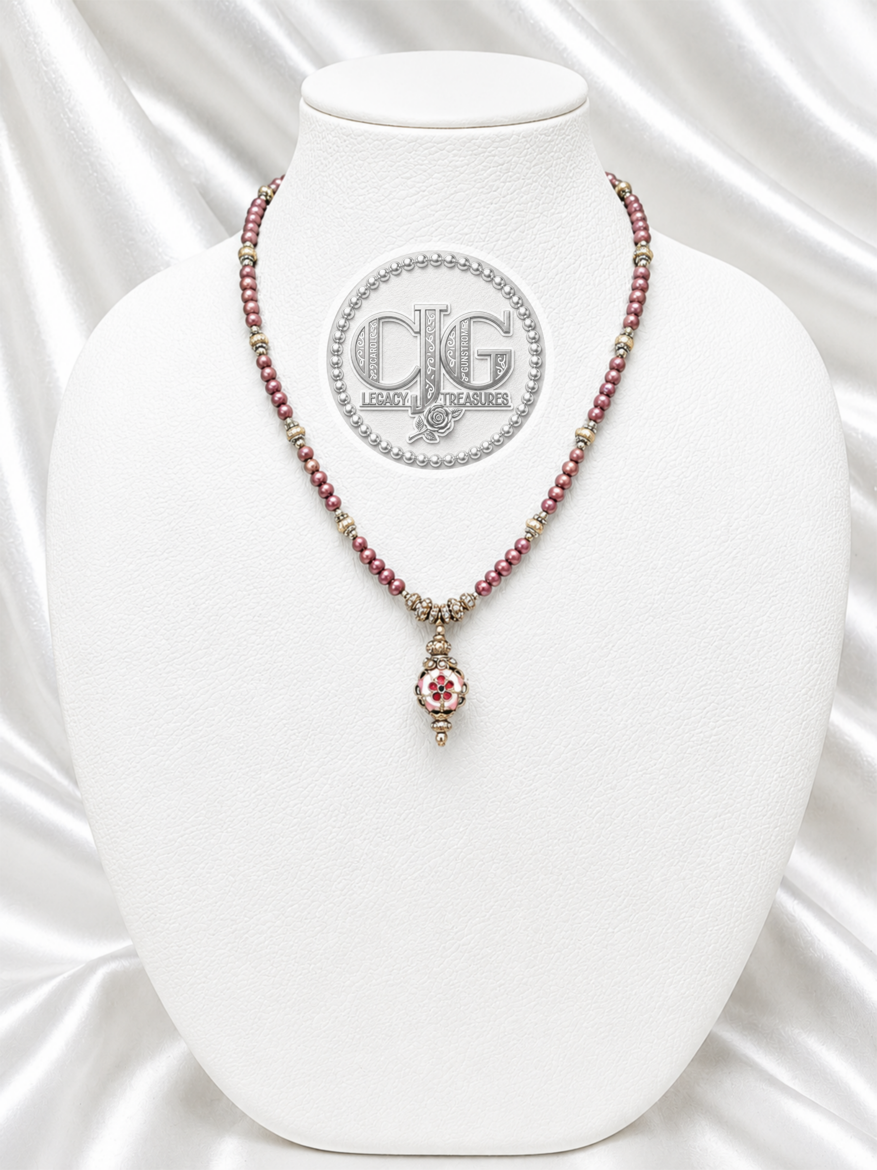 Burgundy Pearl & Filigree Pendant Necklace