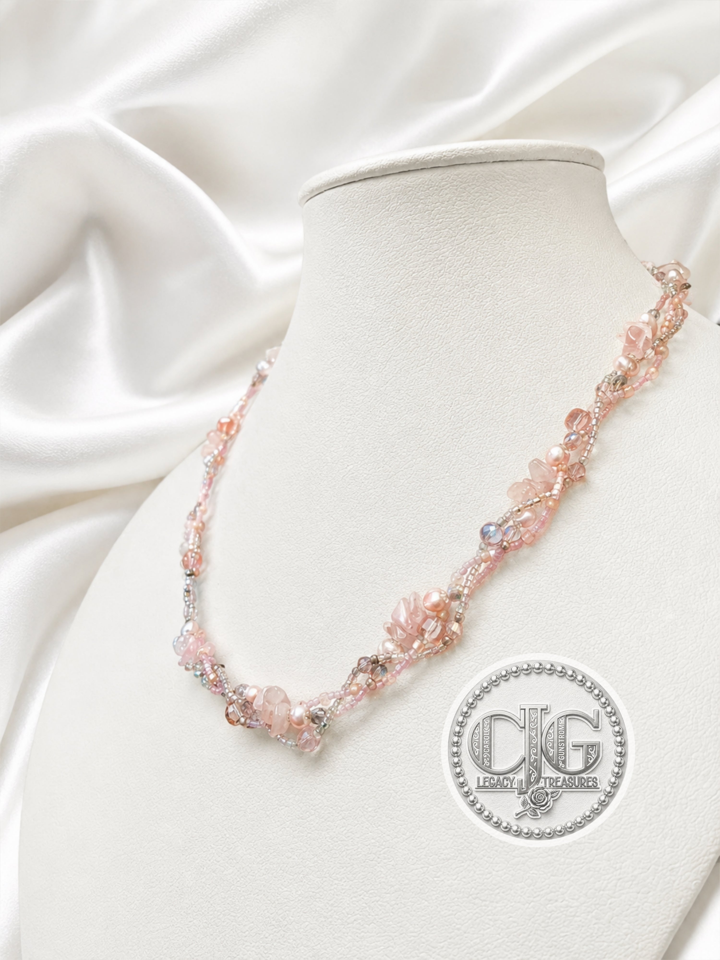 Rose Quartz & Pearl Three-Strand Braided Necklace