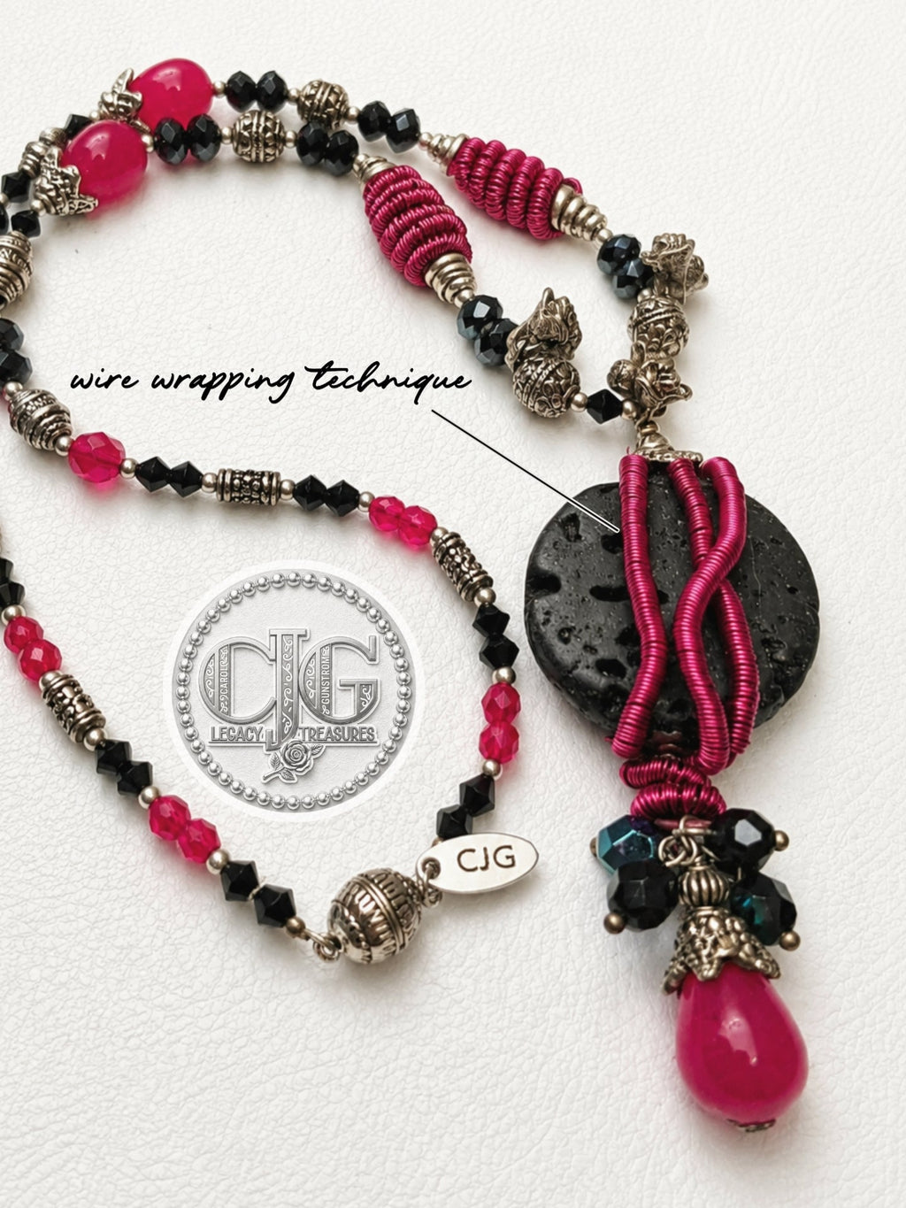Rose Lava Rock Wire Wrapped Pendant Necklace