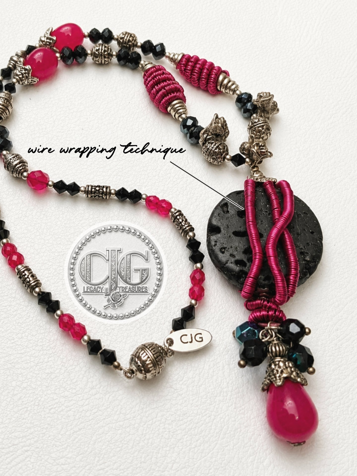 Rose Lava Rock Wire Wrapped Pendant Necklace