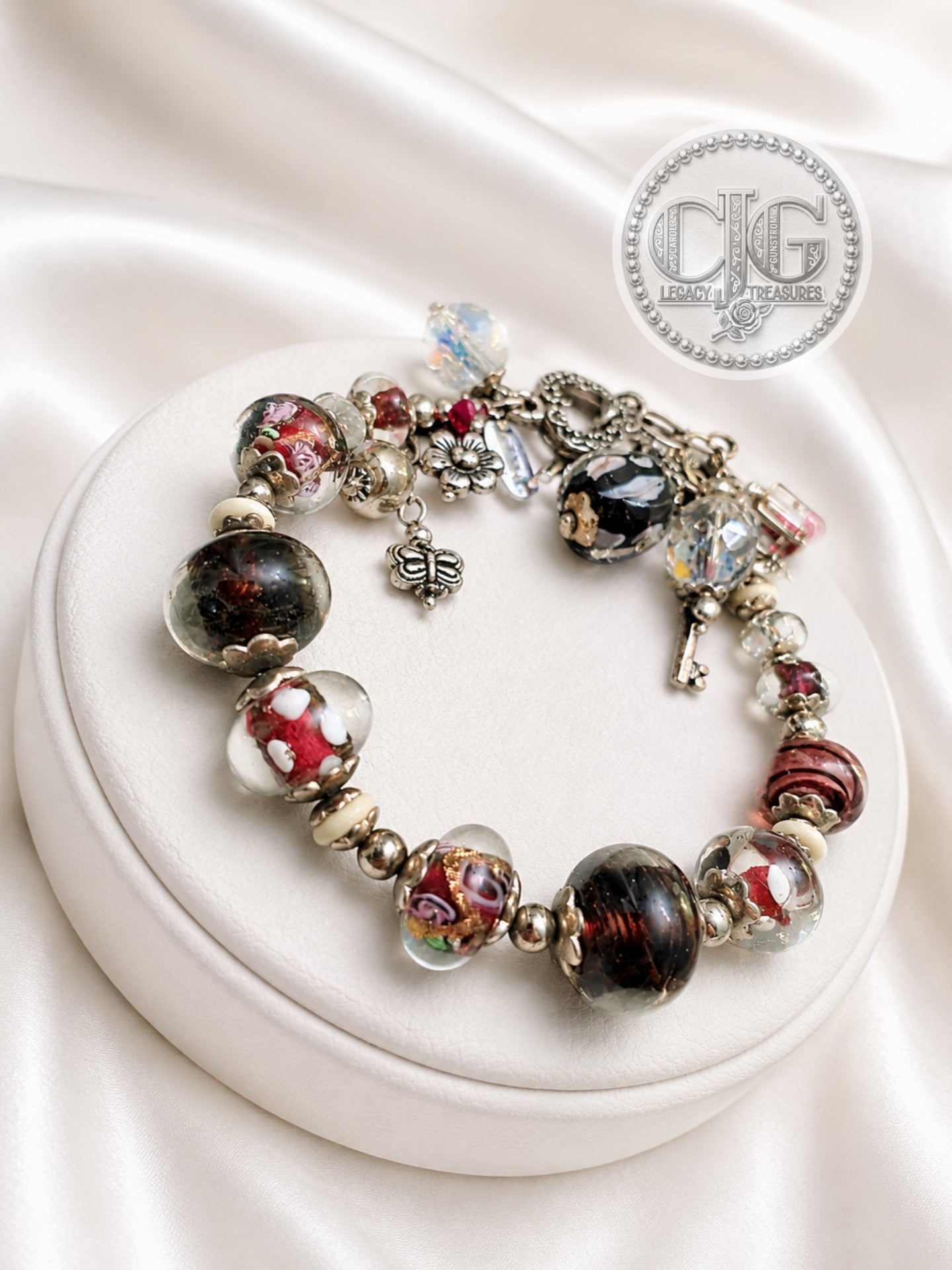 Crimson & Noir Glass Lampwork Charm Bracelet