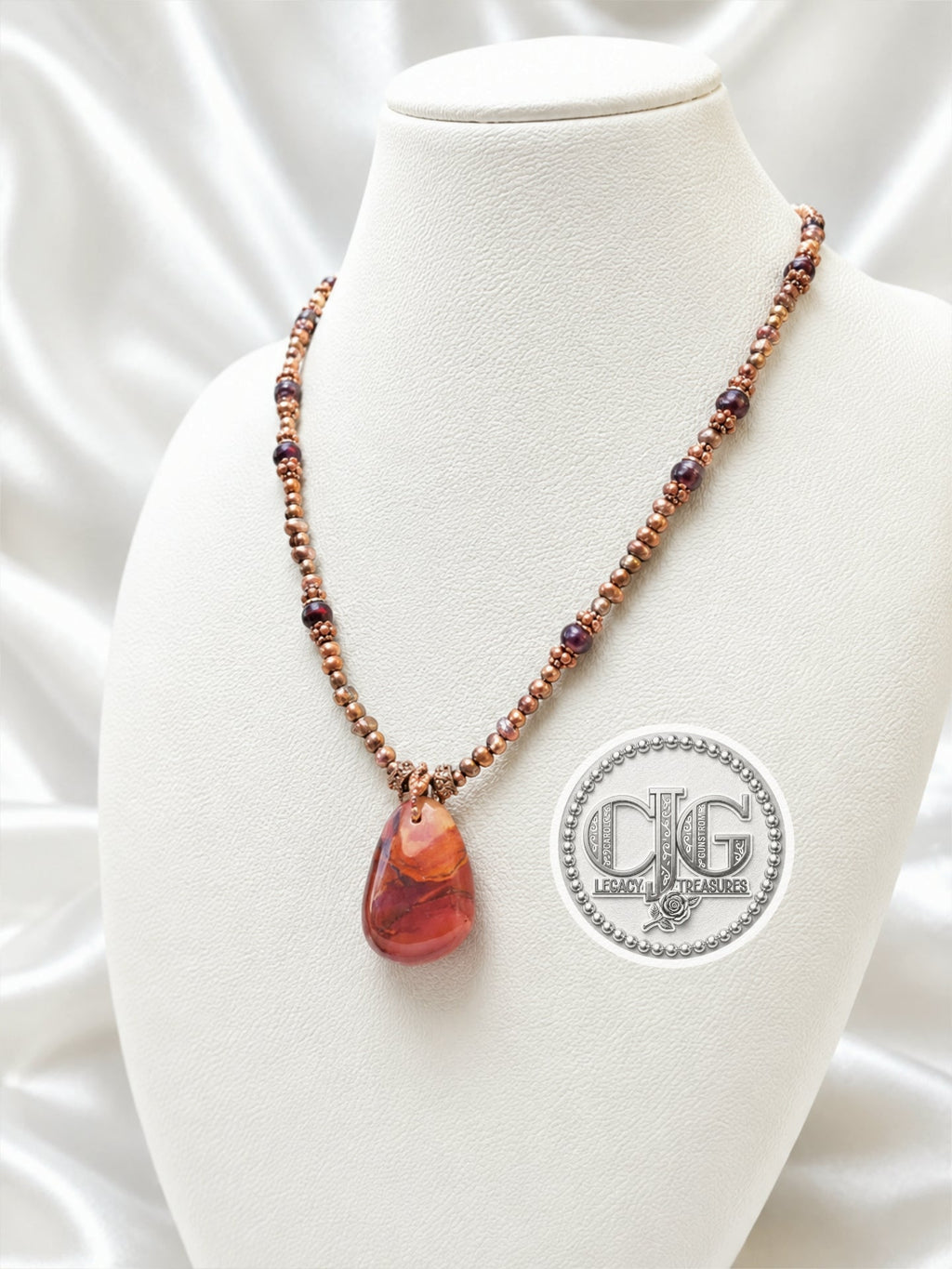 Bronze River Pearl & Red Jasper Pendant Necklace