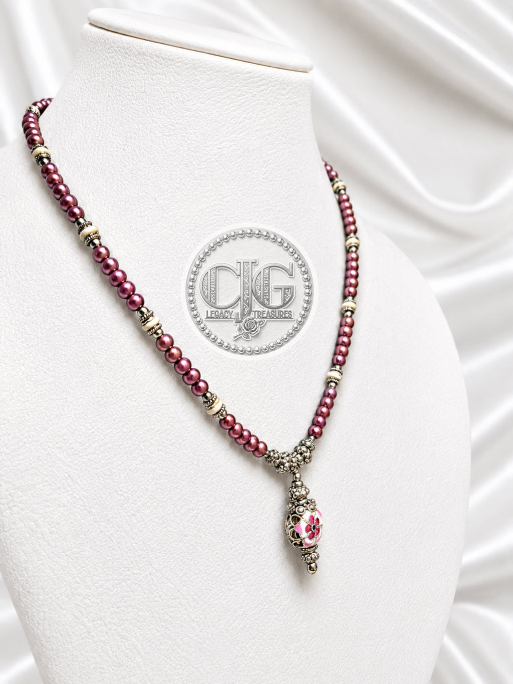 Burgundy Pearl & Filigree Pendant Necklace