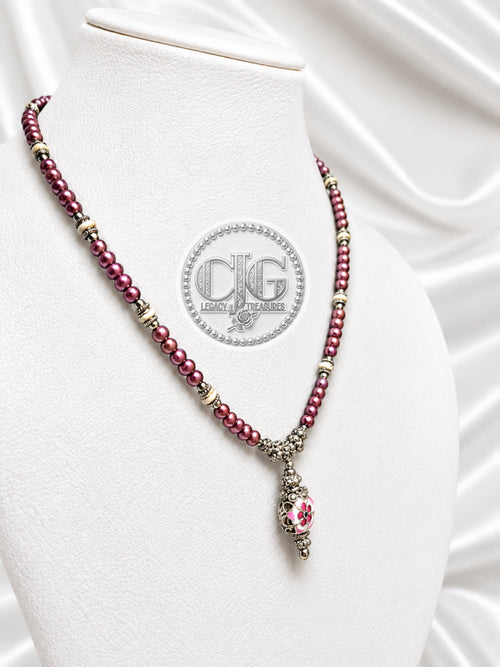 Burgundy Pearl & Filigree Pendant Necklace