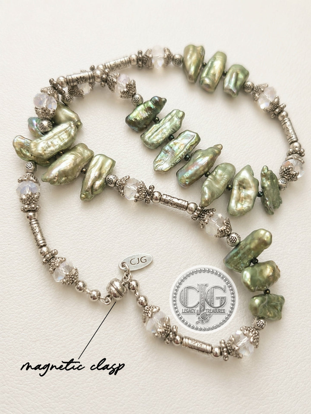Sage Green Biwa Pearl & Silver Statement Necklace