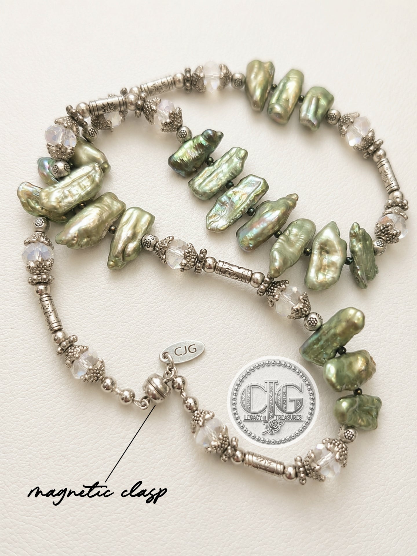 Sage Green Biwa Pearl & Silver Statement Necklace