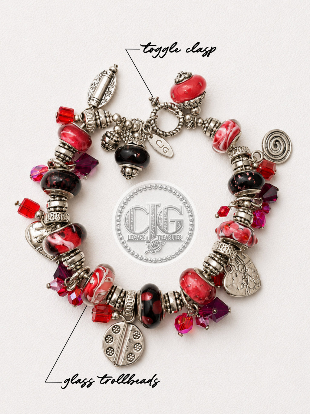 Crimson Trollbead & Crystal Charm Bracelet