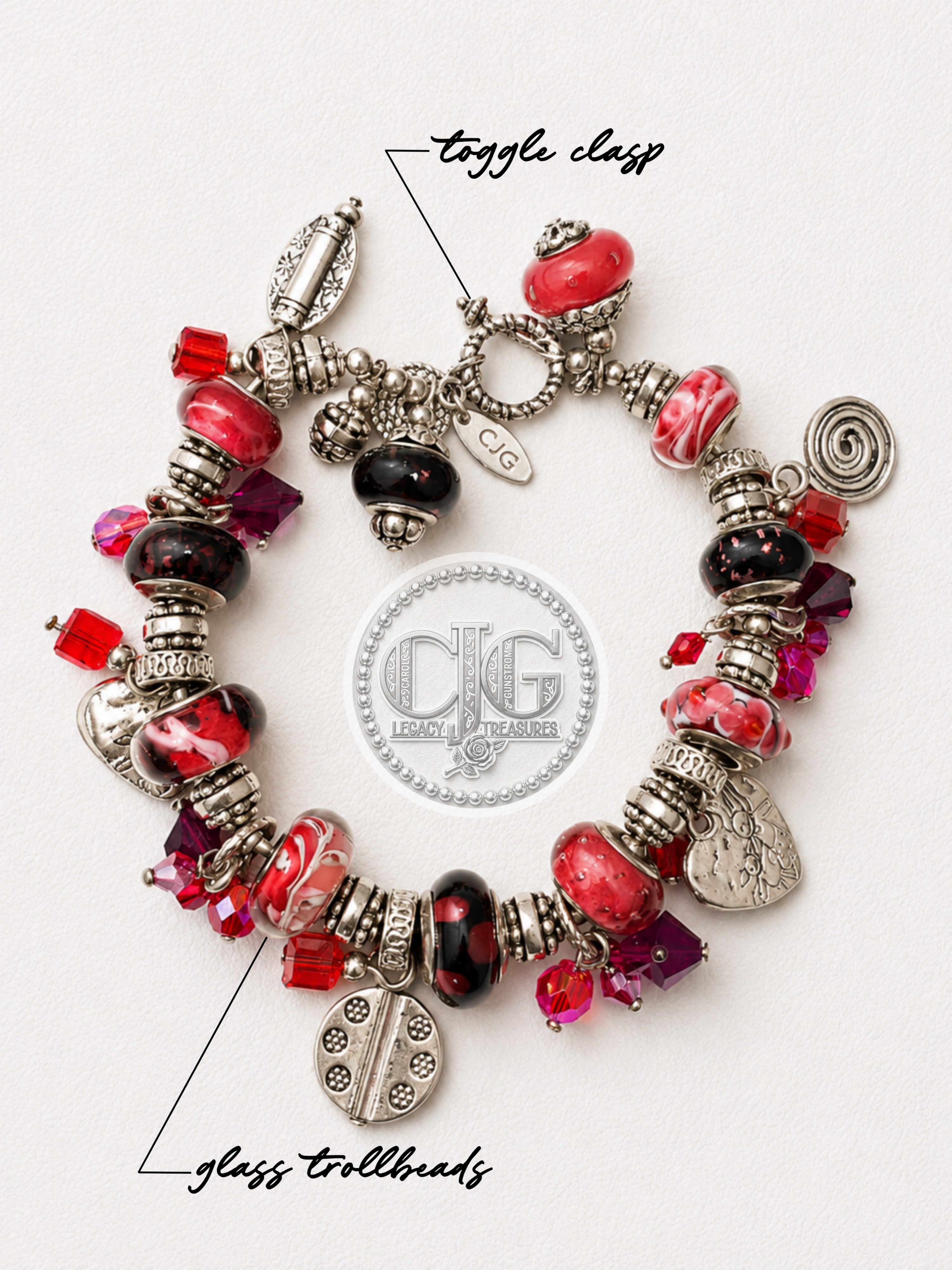 Crimson Trollbead & Crystal Charm Bracelet