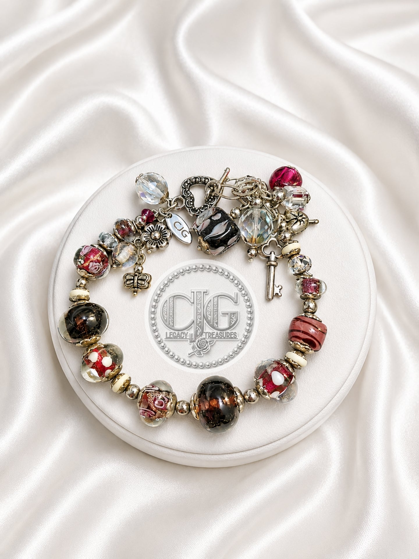 Crimson & Noir Glass Lampwork Charm Bracelet