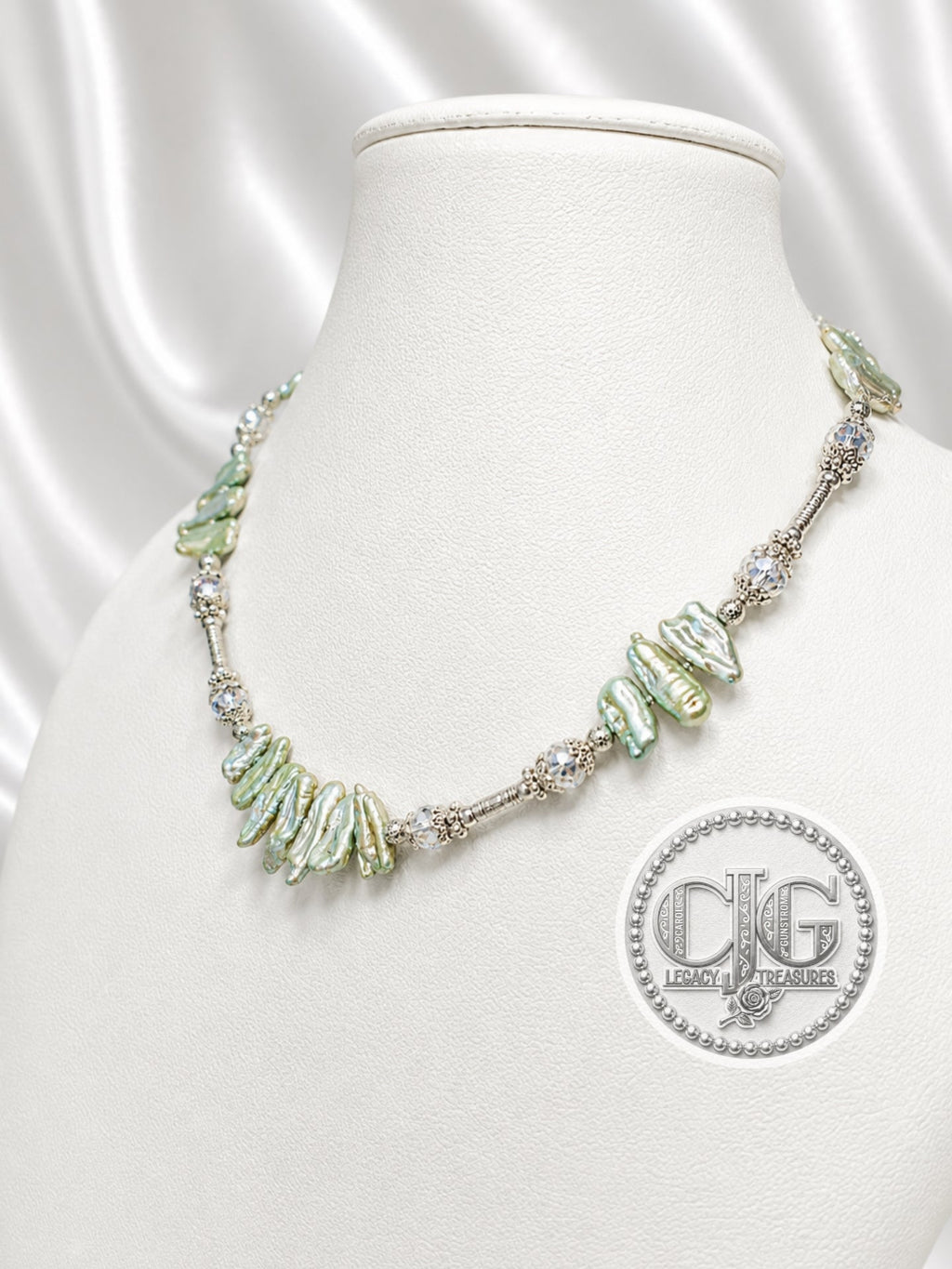 Sage Green Biwa Pearl & Silver Statement Necklace