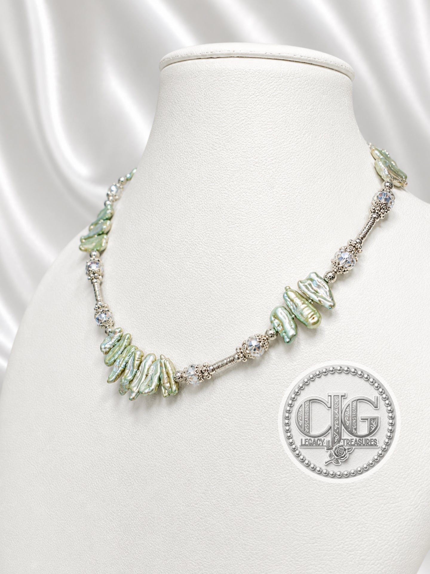 Sage Green Biwa Pearl & Silver Statement Necklace