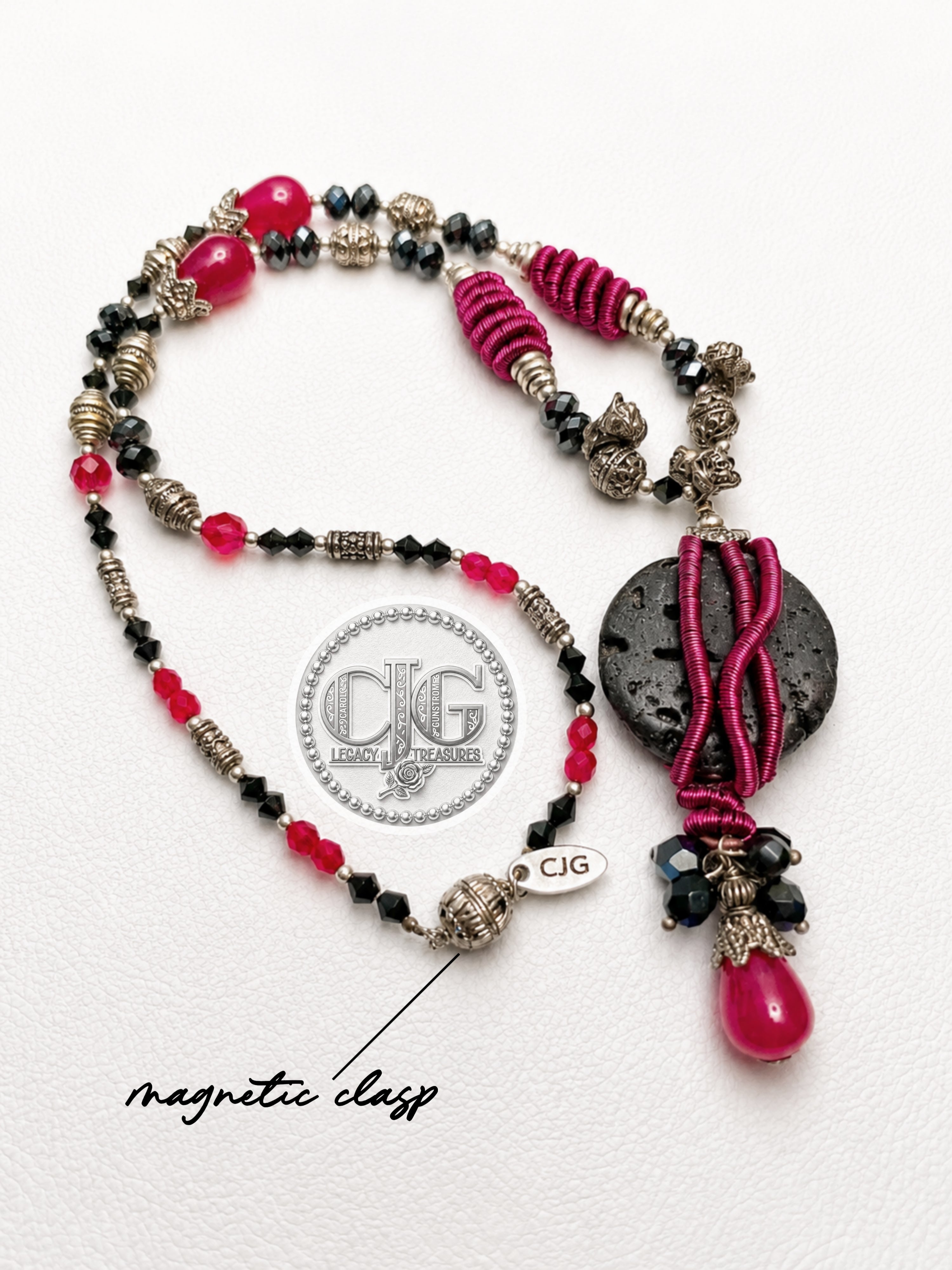 Rose Lava Rock Wire Wrapped Pendant Necklace