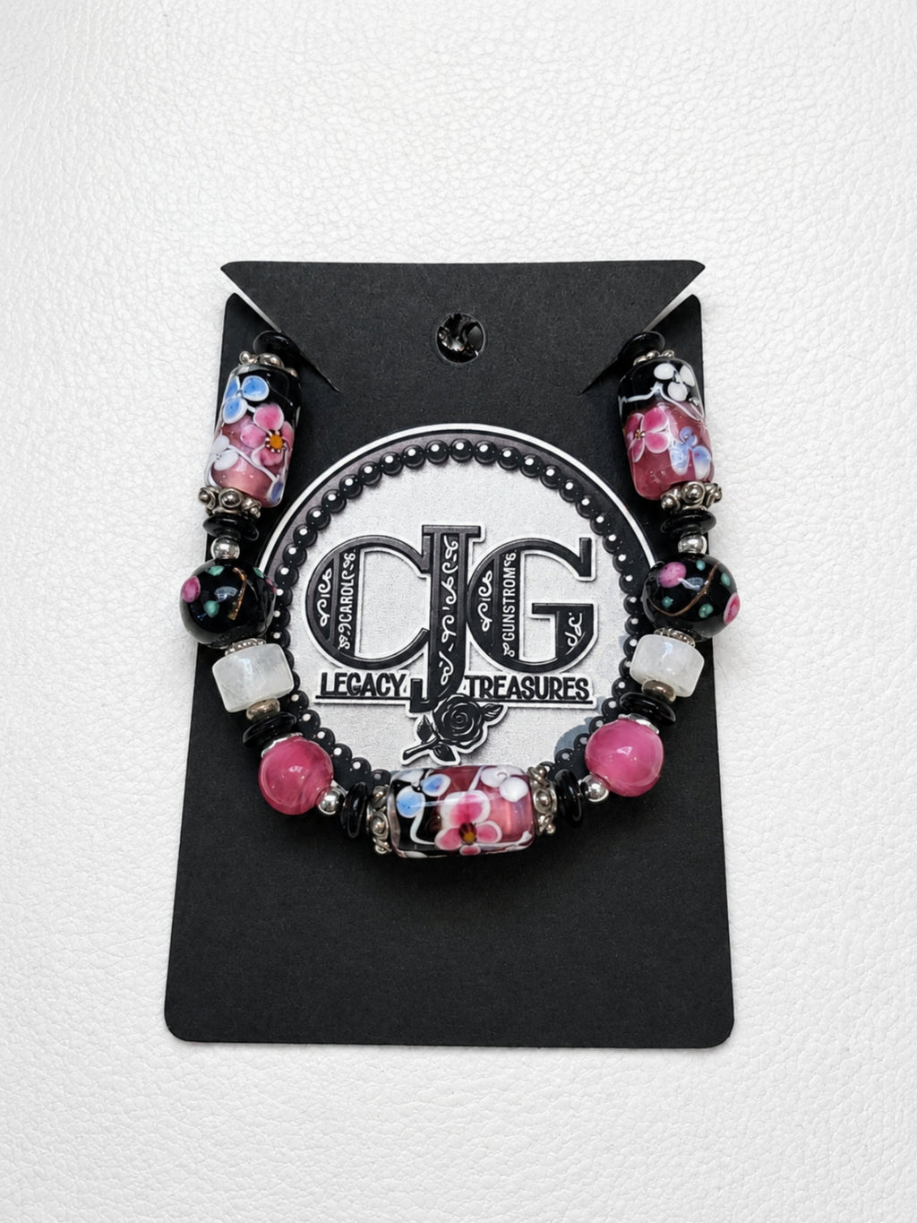 Pink & Black Floral Lampwork Bracelet