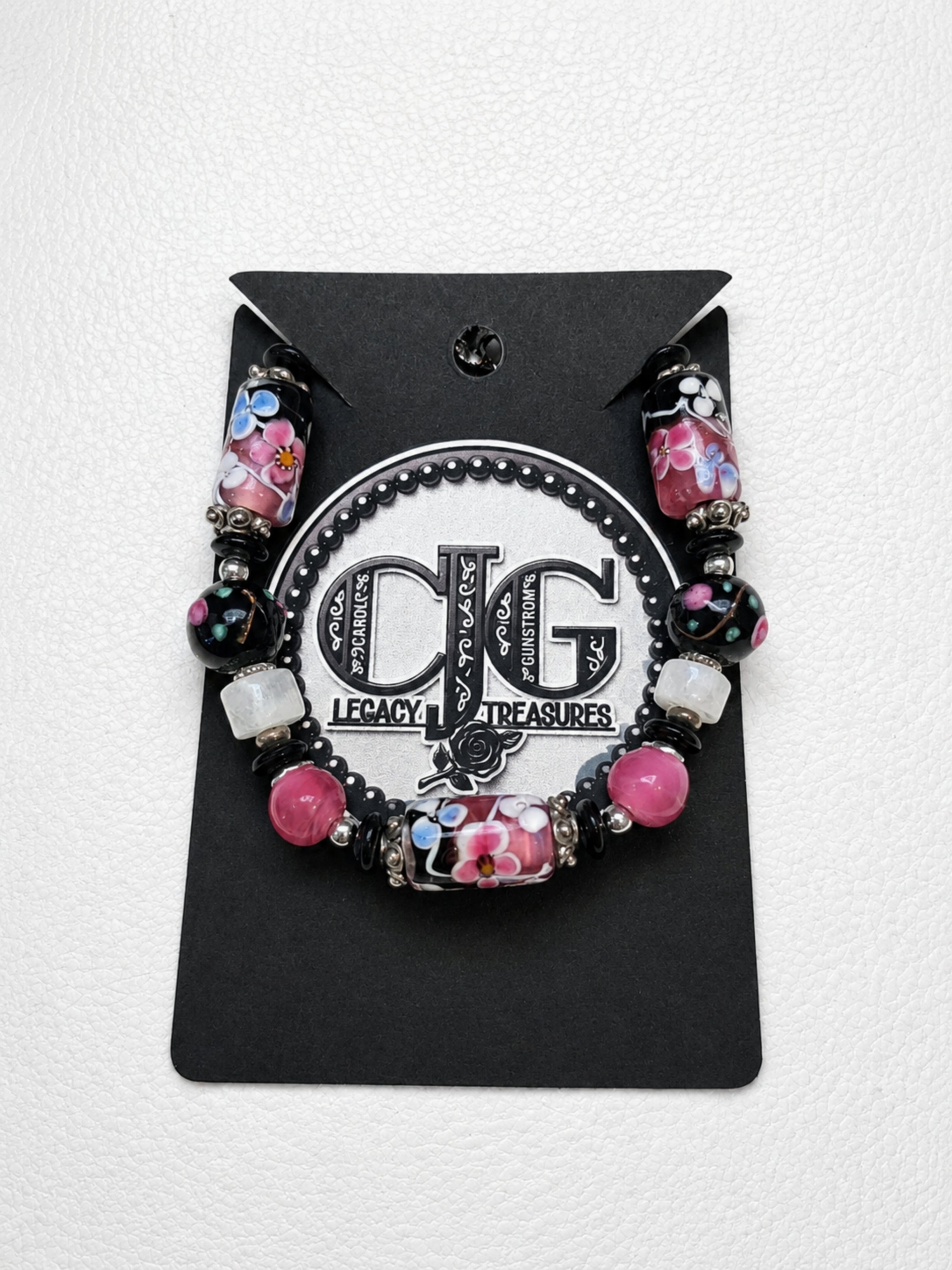 Pink & Black Floral Lampwork Bracelet
