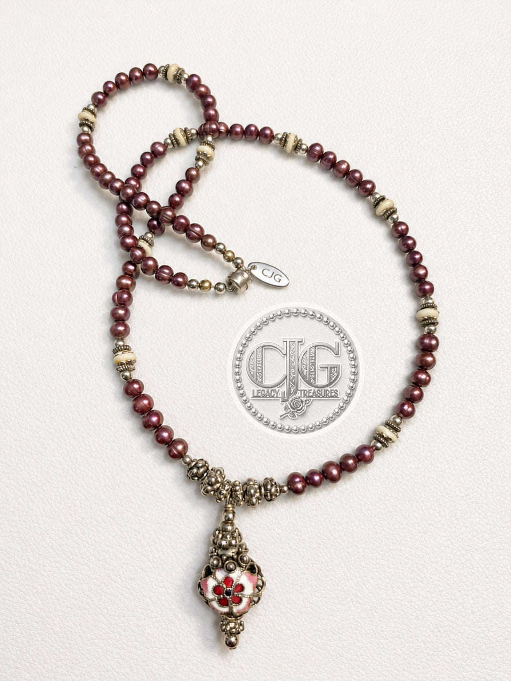 Burgundy Pearl & Filigree Pendant Necklace
