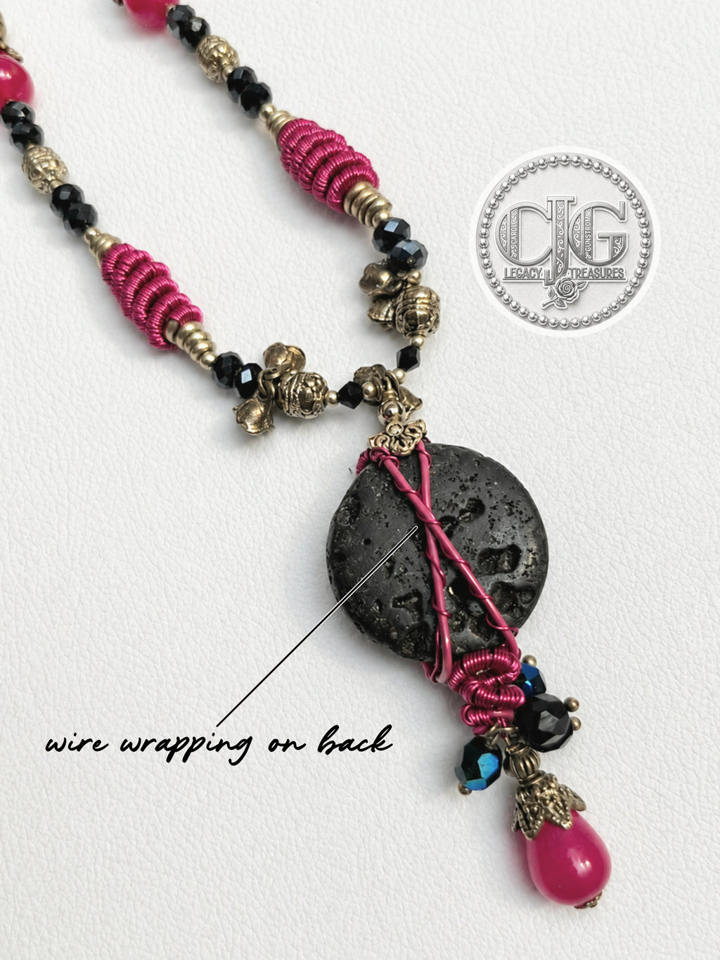 Rose Lava Rock Wire Wrapped Pendant Necklace