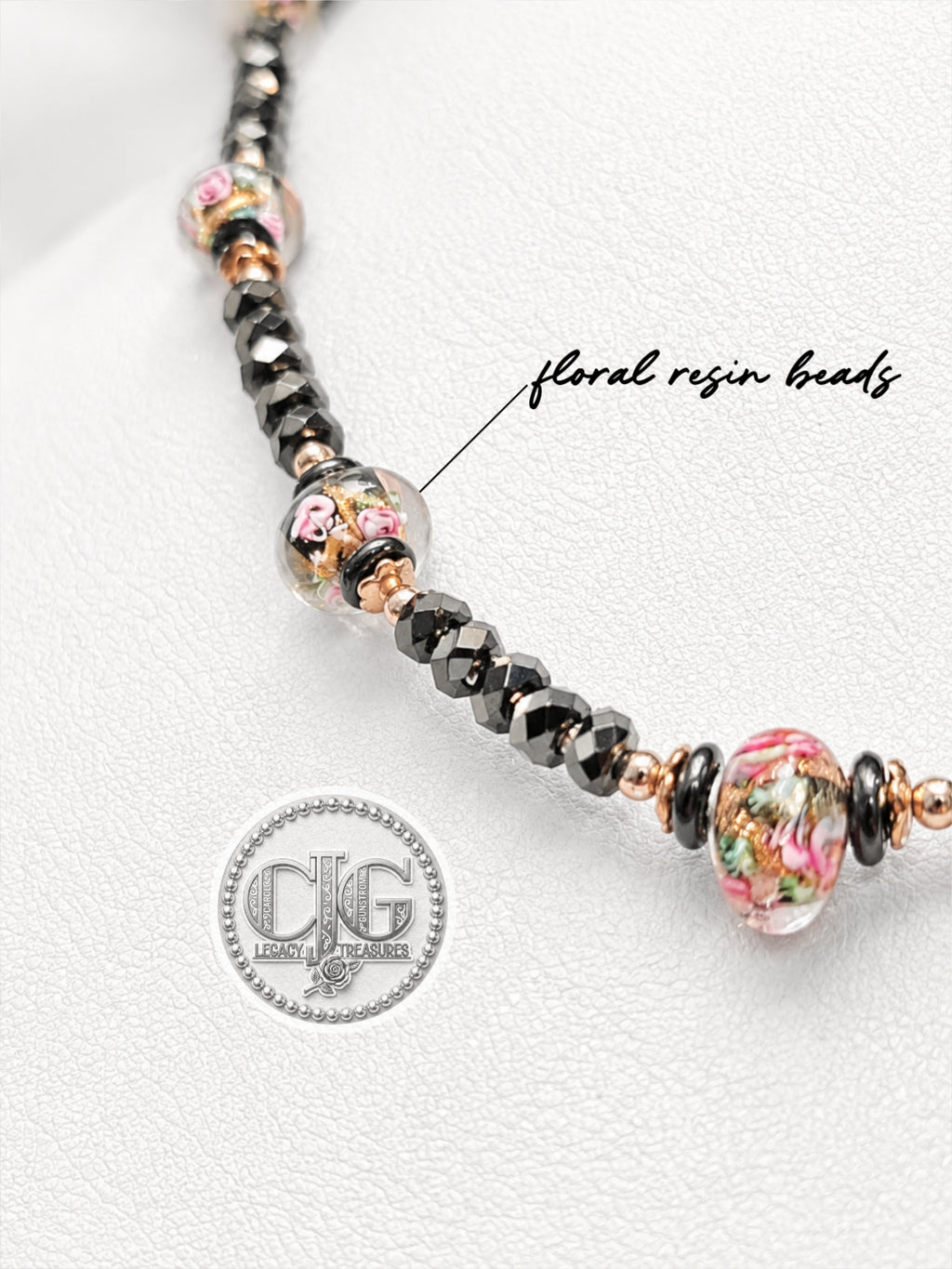 Black Crystal & Floral Resin Bead Necklace