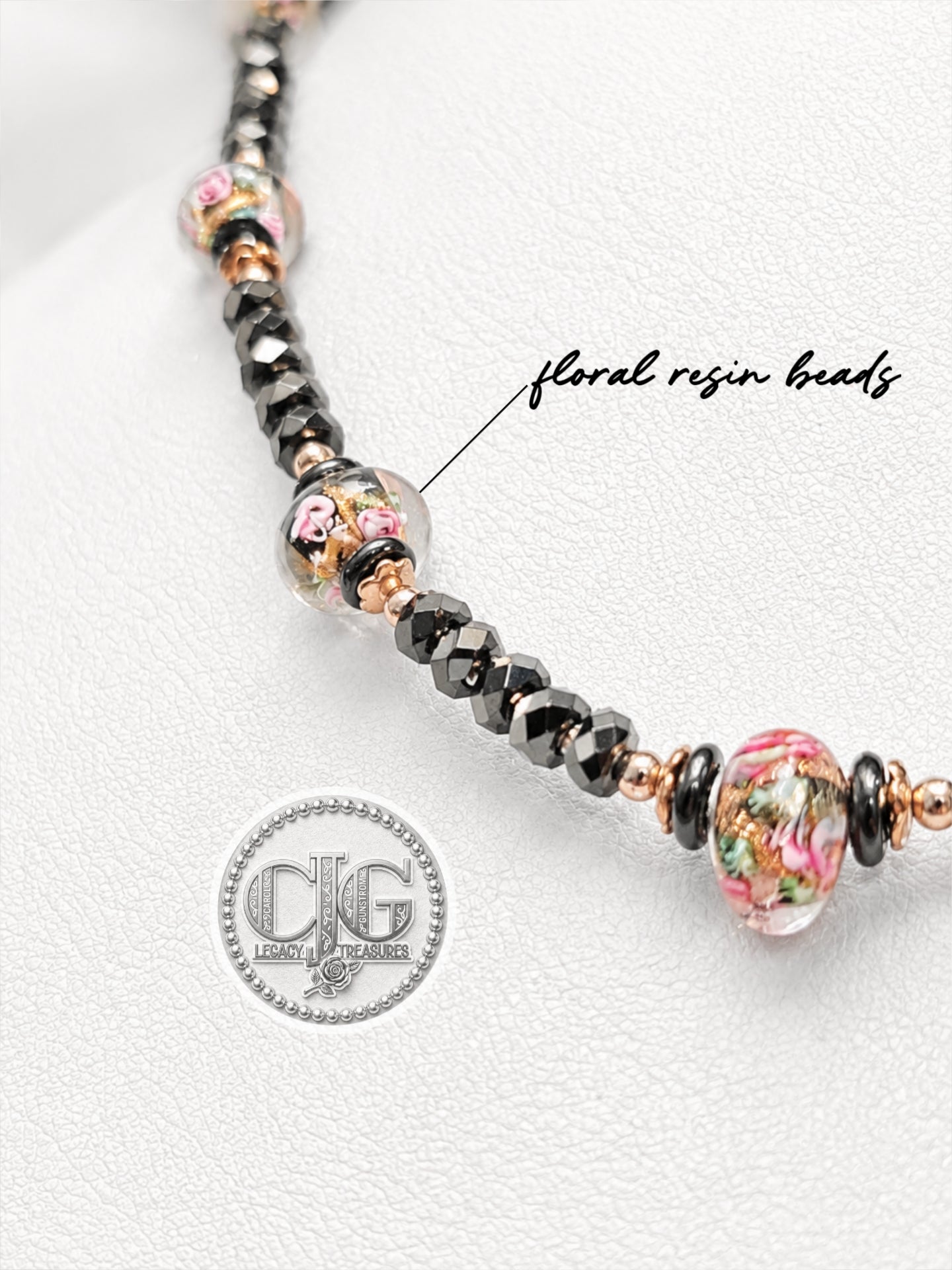Black Crystal & Floral Resin Bead Necklace