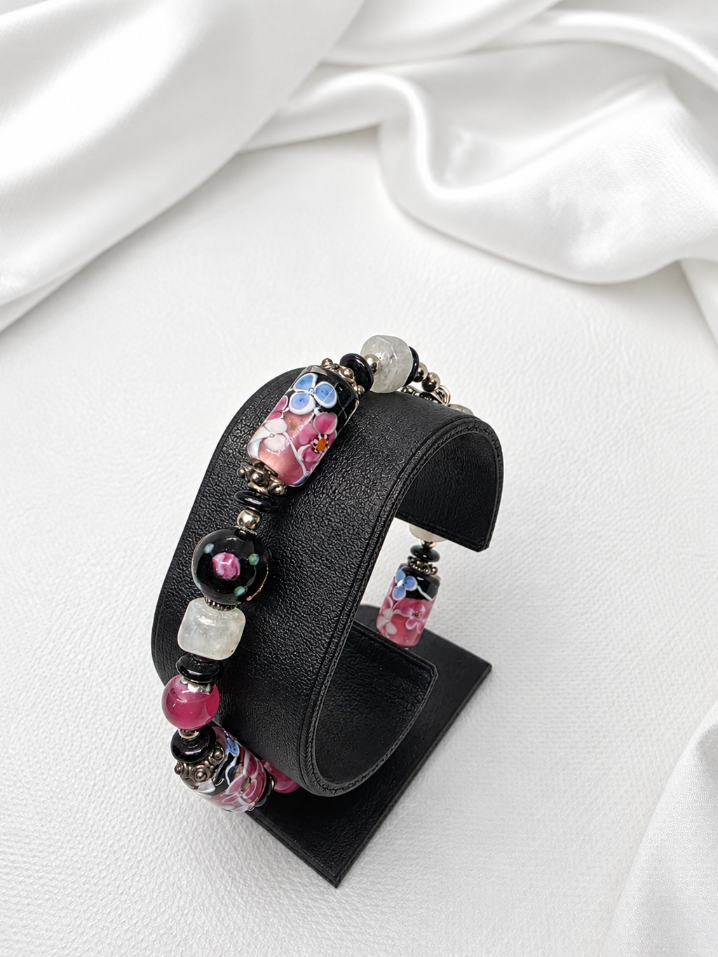 Pink & Black Floral Lampwork Bracelet