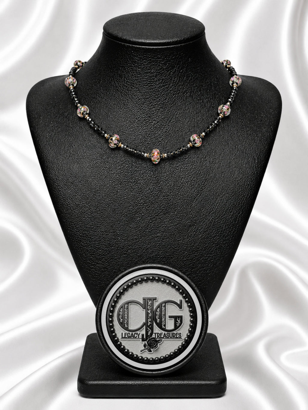 Black-Pink Crystal & Floral Necklace