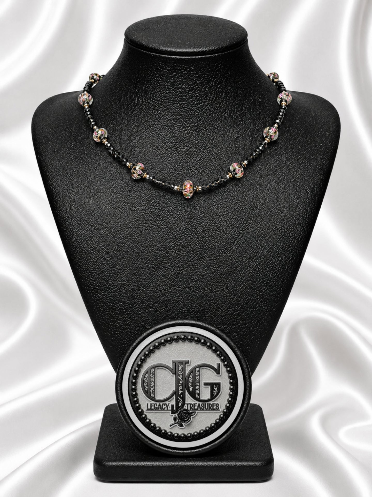 Black-Pink Crystal & Floral Necklace