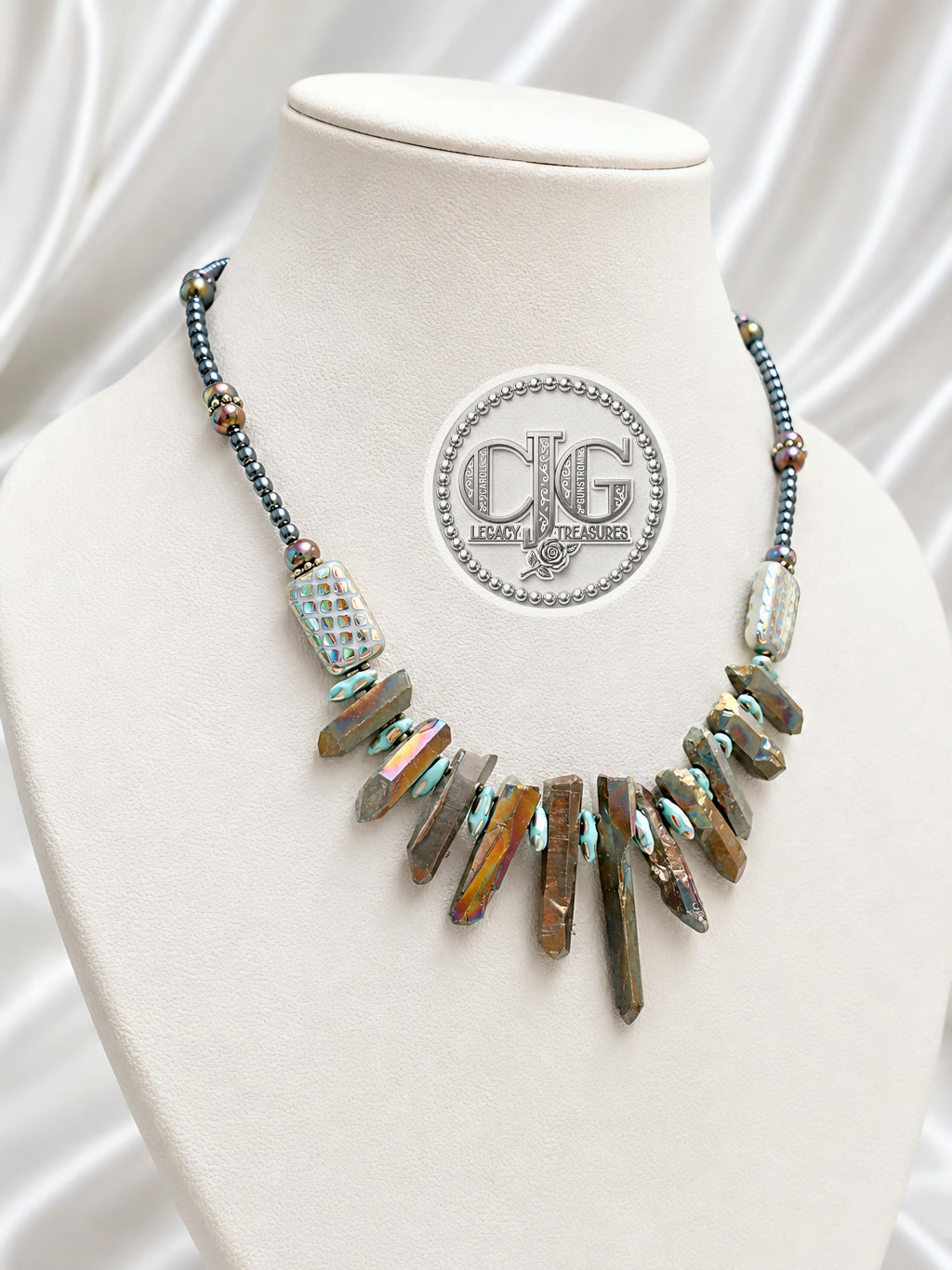 Iridescent Spiked Aura Quartz & Beaded Necklace