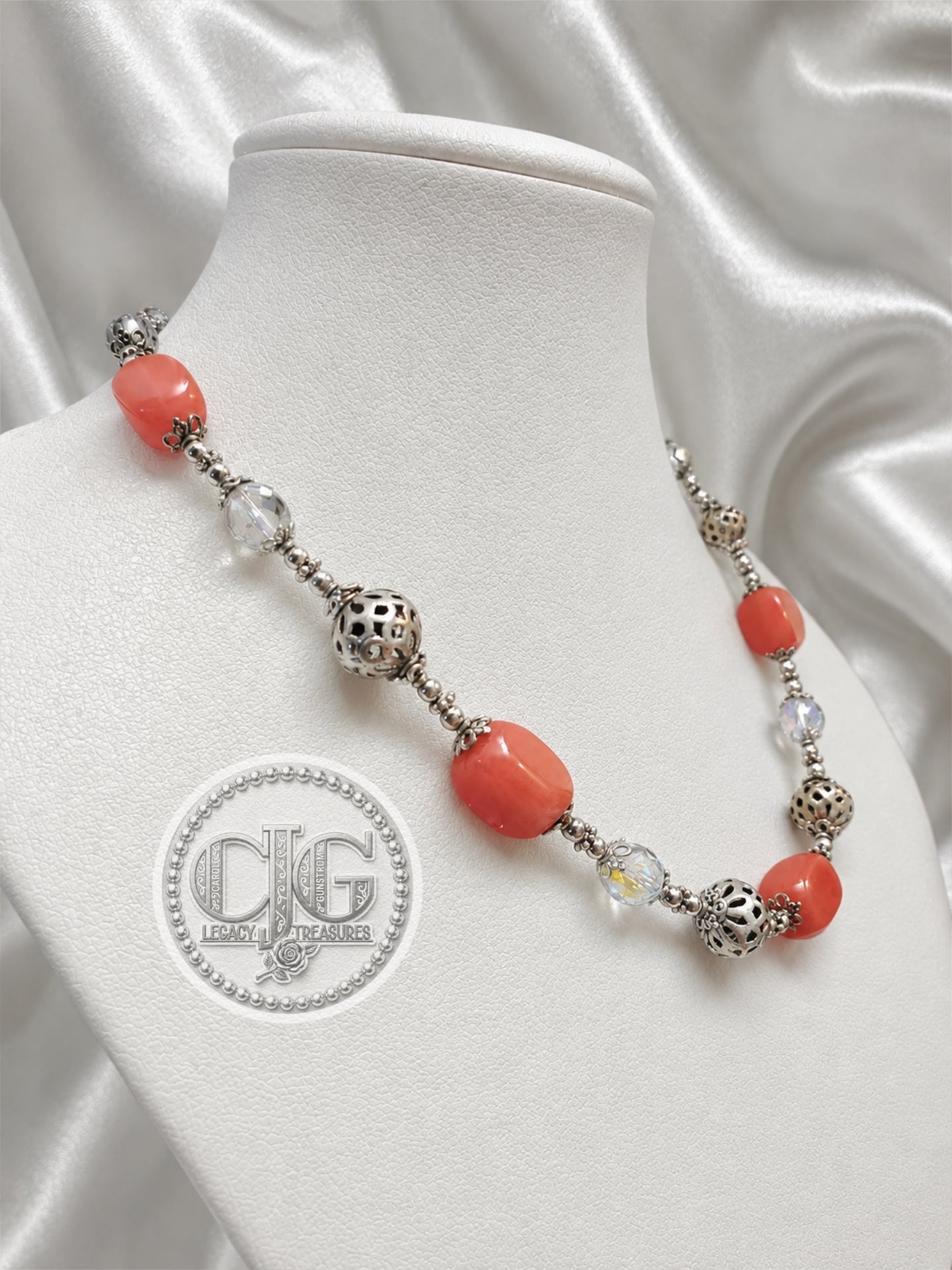 Coral Filigree & Crystal Necklace