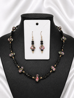 Black-Pink Crystal & Floral Necklace & Earrings Set