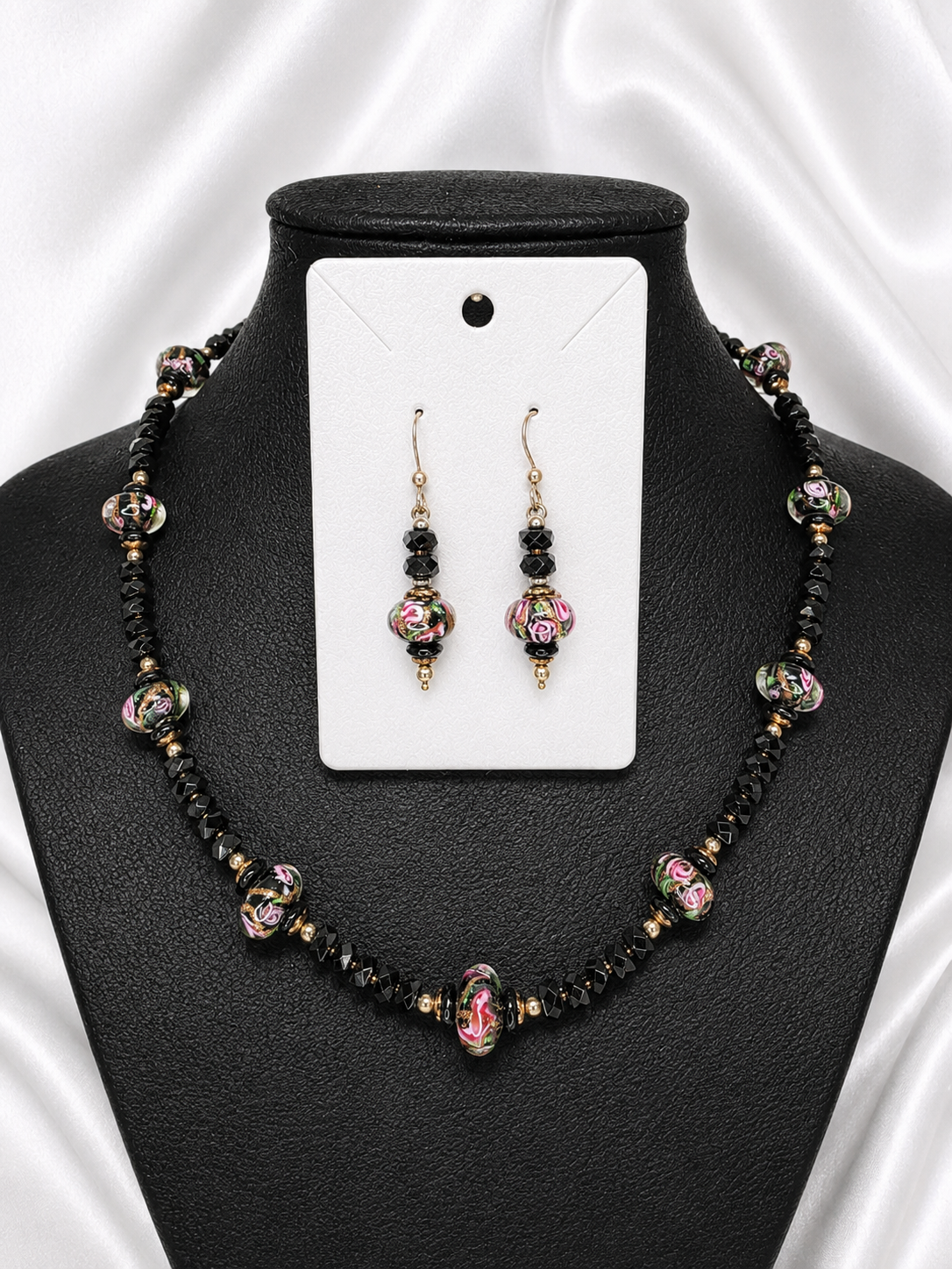 Black-Pink Crystal & Floral Necklace & Earrings Set