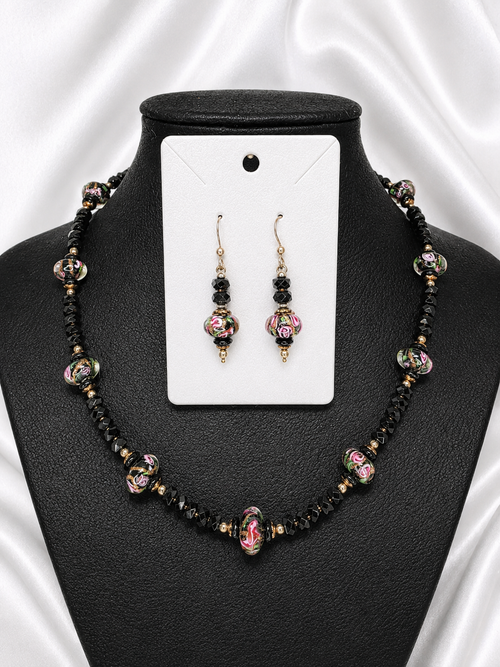 Black-Pink Crystal & Floral Necklace & Earrings Set