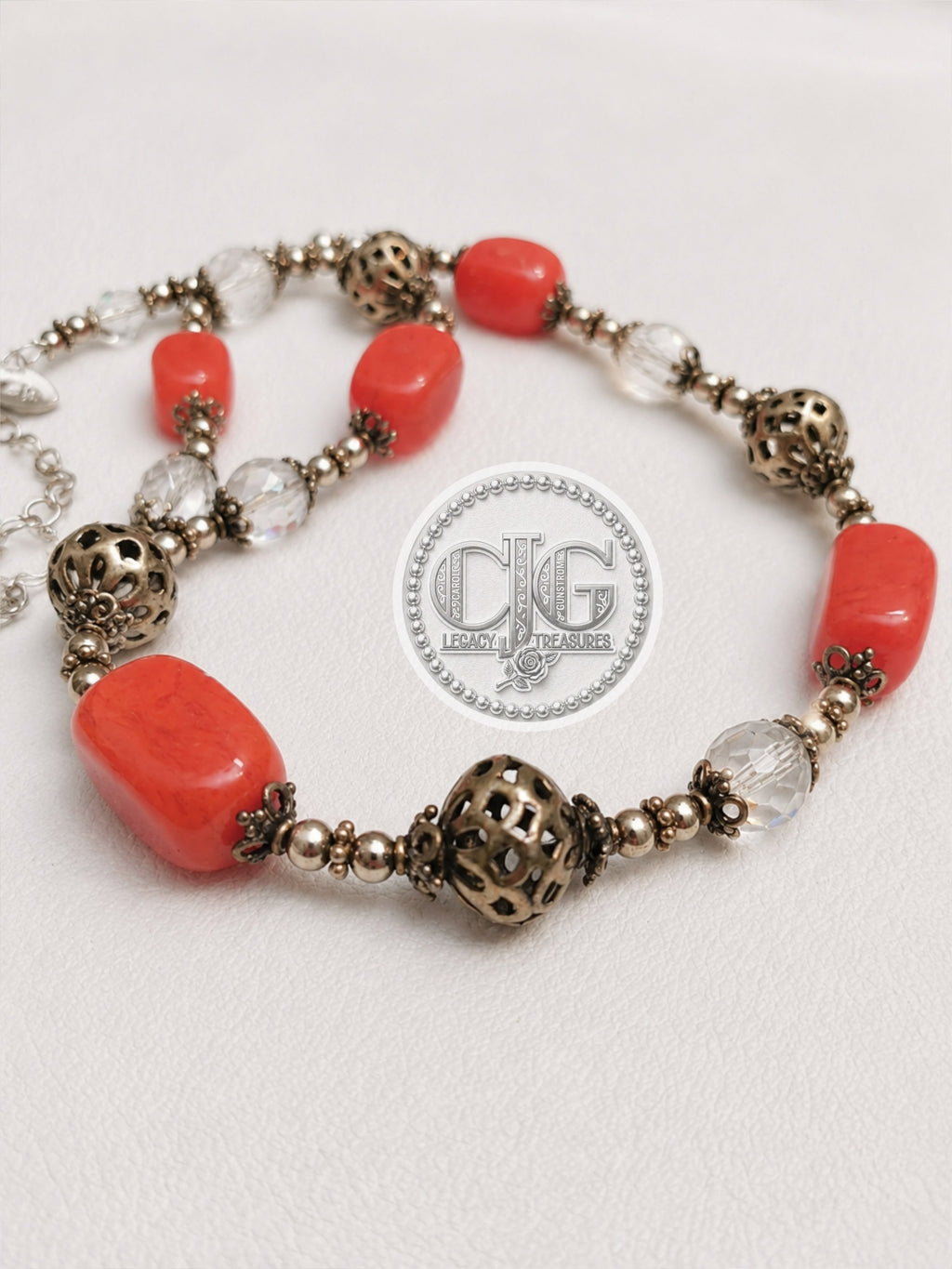 Coral Filigree & Crystal Necklace