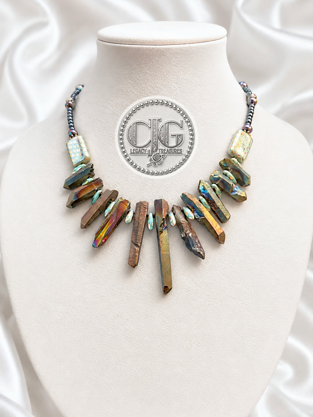 Iridescent Spiked Aura Quartz & Beaded Necklace