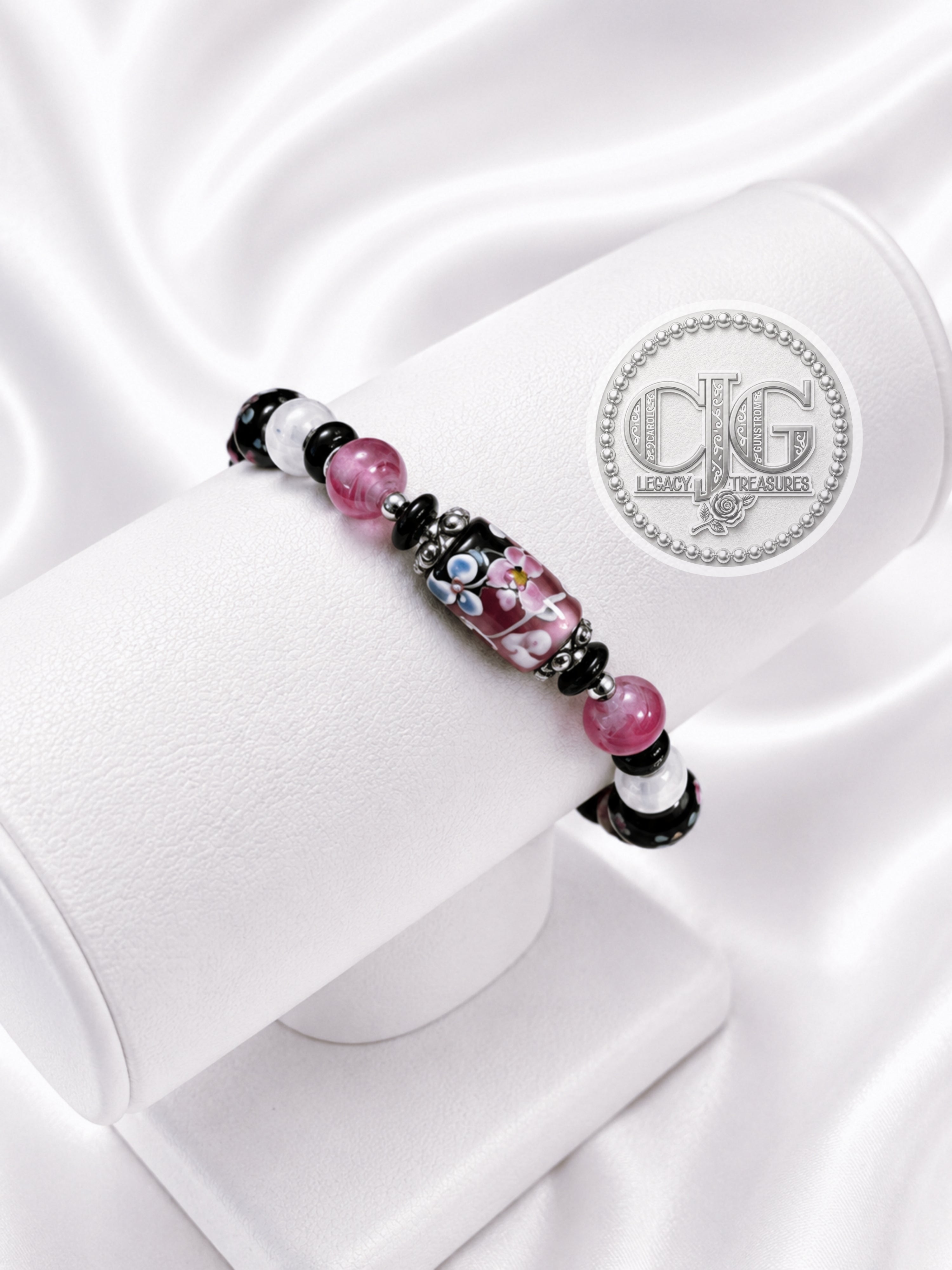 Pink & Black Floral Lampwork Bracelet