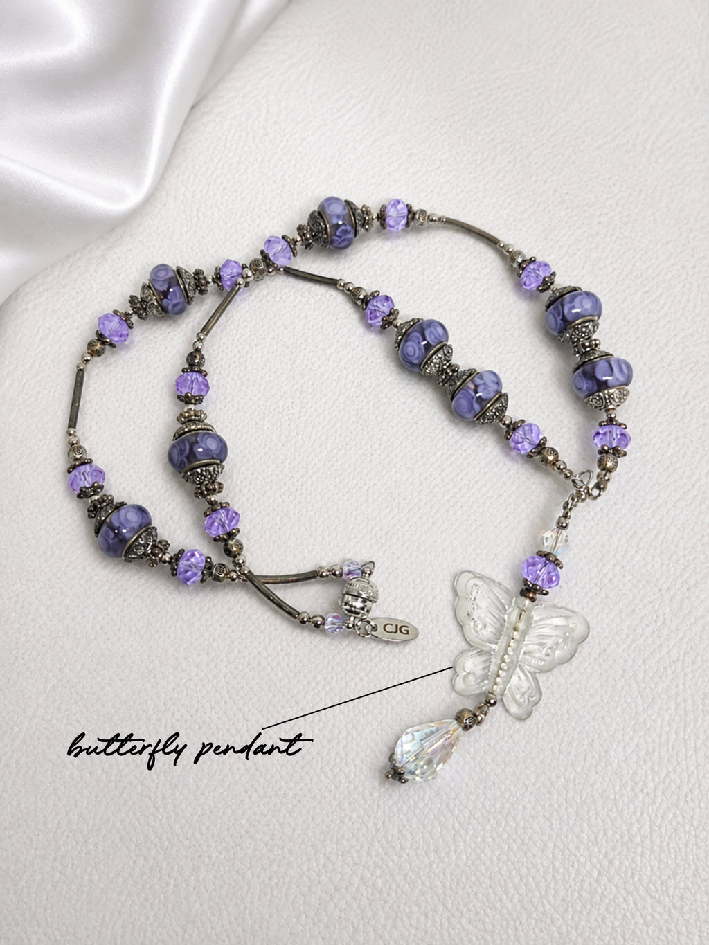 Lavender Butterfly Pandora Necklace & Crystal Earrings Set